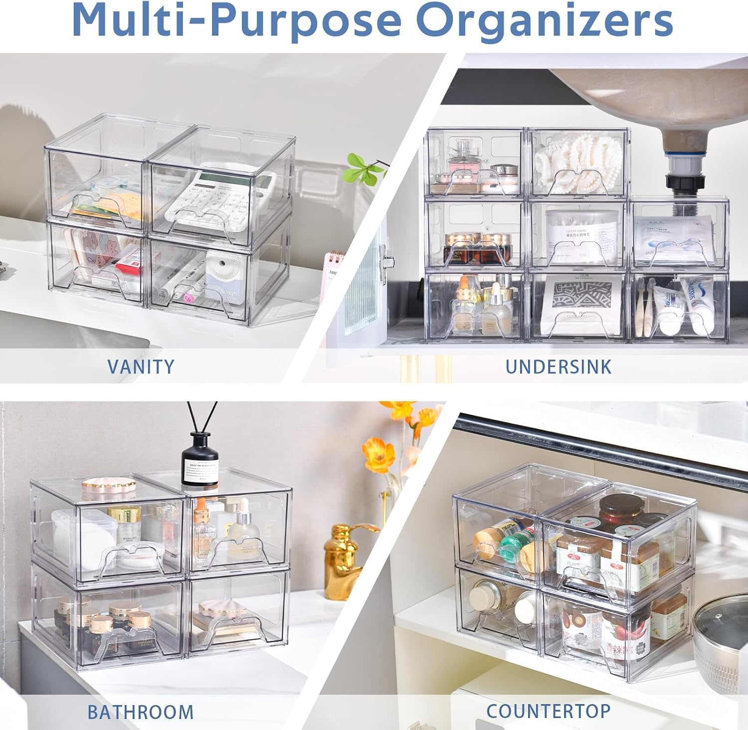 Private Label Plastic Drawers Storage, 4 Pack Clear Stackable Storage Drawers, Acrylic Storage Bins with Drawers for Fridge Organizers, Small PlasticDrawers Stackable for Makeup Organizers Cosmetic Display Custom Logo Service