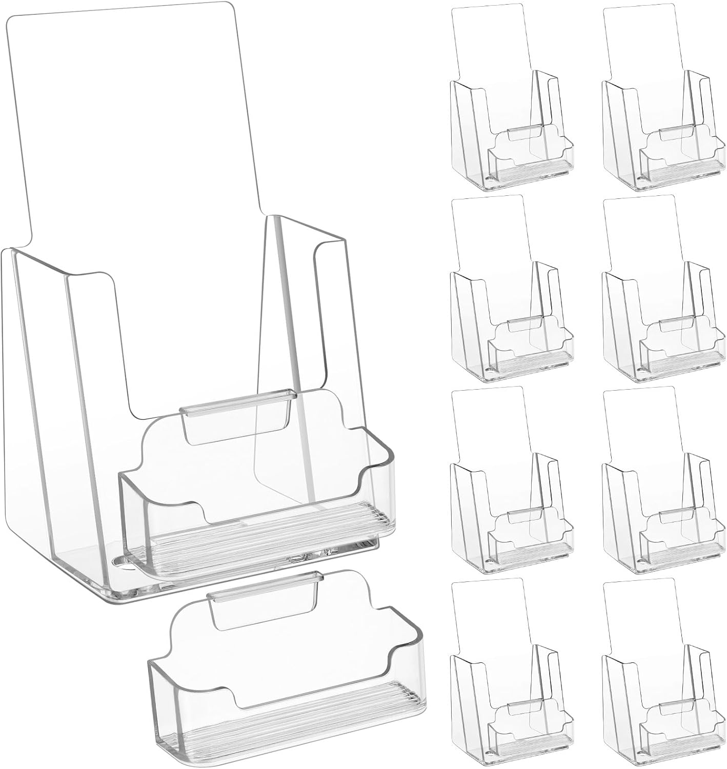 8 Sets Acrylic Brochure Holder 4'' x 9'' Brochure Display Stand Pamphlet Holder Flyer Stand Plastic Flyer Holder with Business Card Holder for Magazine Literature Booklets Menu Journals