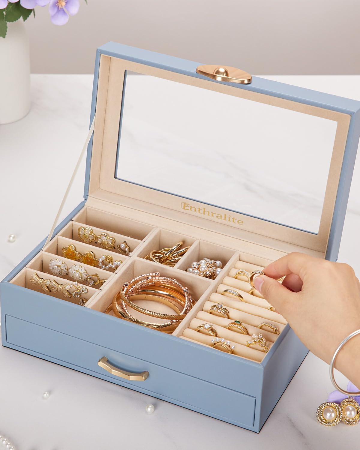 Direct Manufacturer Jewelry Box with 1 Drawers: Display Organizer for Earrings Necklaces - Gift for Girls Women (Grey Blue) Low MOQ