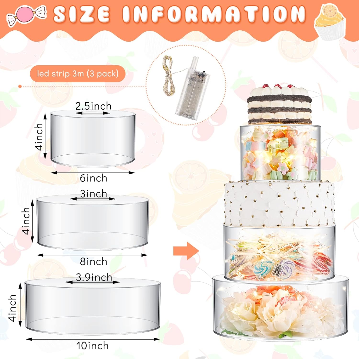 Private Label Sintuff 3 Pcs Acrylic Cake Stand with LED Lights 6'', 8'', 10'' Clear Fillable Cake Riser Round 3 Tier Case Cylinder Box for Wedding Birthday Holiday Party Food Display, 3 Sizes Ecommerce Ready Product