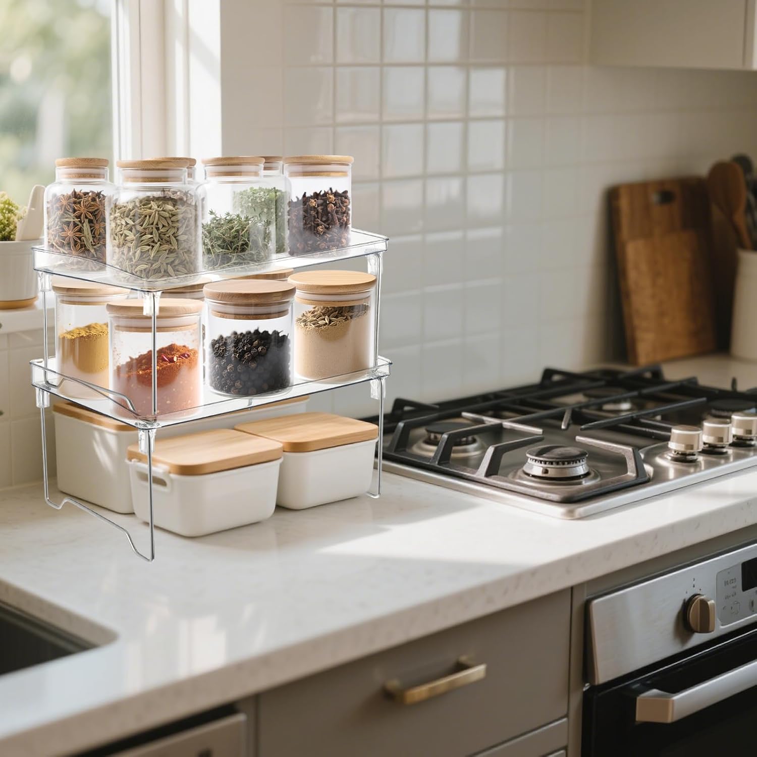 Private Label Rainmae 2 Pcs Spice Rack Organizer, Cabinet Organizer Shelf，Stackable Kitchen Counter Shelves, Countertop Organizers, Clear Plastic Storage Shelves Rack for Makeup Bathroom Desk Pantry Organization Dropshipping Friendly