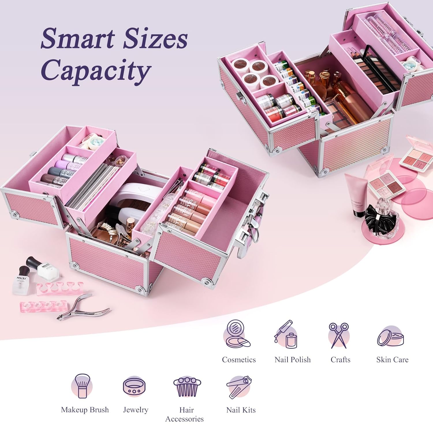 Private Label Frenessa Makeup Case Makeup Box Cosmetic Organizer Case Portable Make Up Artist Travel Case Storage Box 4 Trays with Dividers Lockable Hard Train Case Nail Tech Supply Storage Mermaid Pink Custom Logo Service