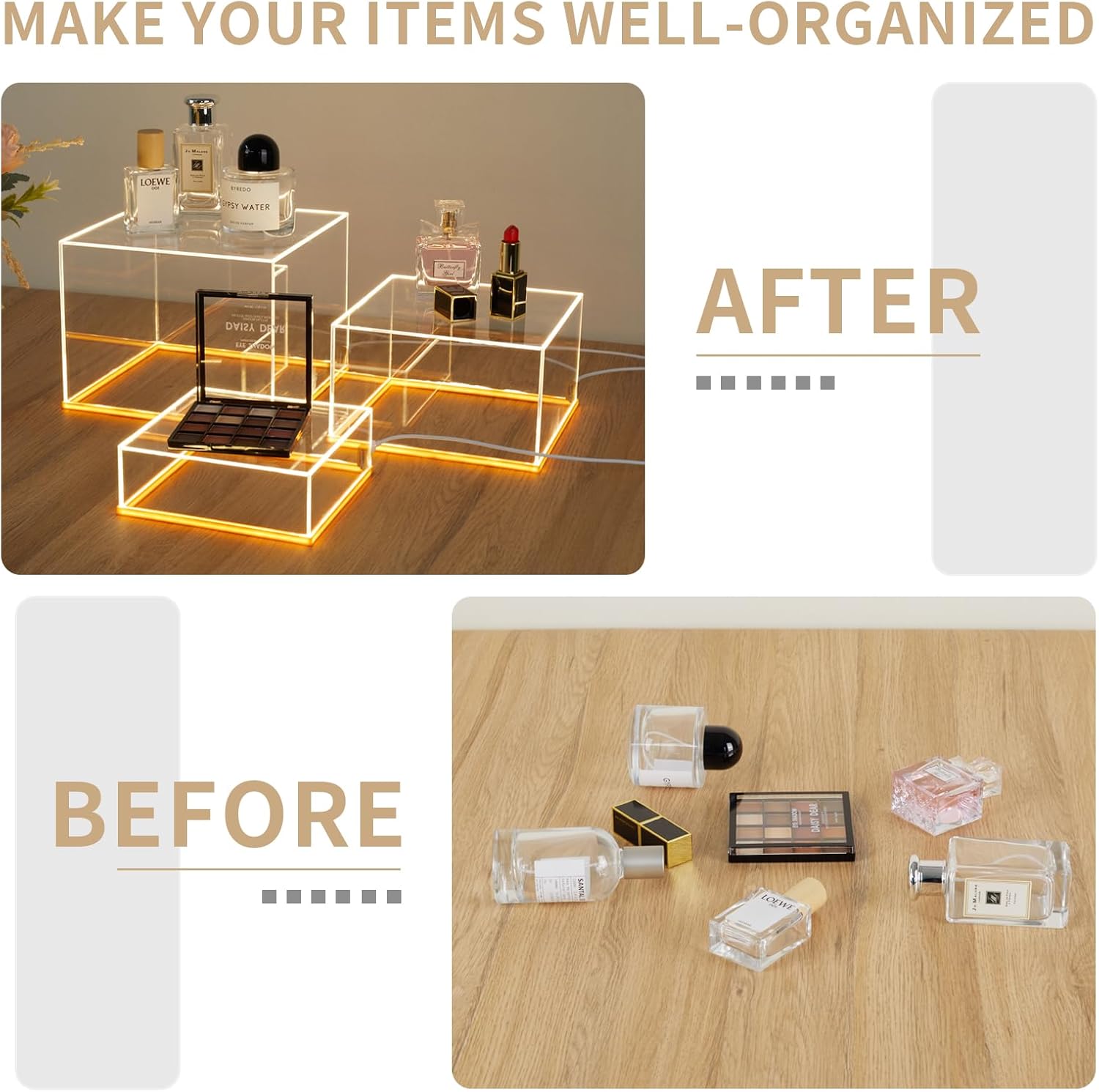 Private Label 3Pcs Acrylic Display Risers with LED light, Acrylic Cube Box Clear Display Stand with Hollow Bottoms for Figures Dessert Jewelry Perfume Handbag (Clear-3pcs) Ecommerce Ready Product