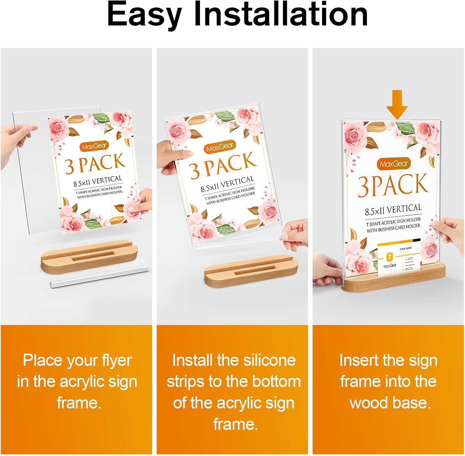 Wholesale MaxGear Acrylic Sign Holder 8.5x11, Clear Table Display Stand With Wood Base, T Shape Slant Back Sign Frame Plastic Paper Holder Detachable Base Table Menu Flyer Stand for Office Store 3 Pack China Factory Bulk Supply