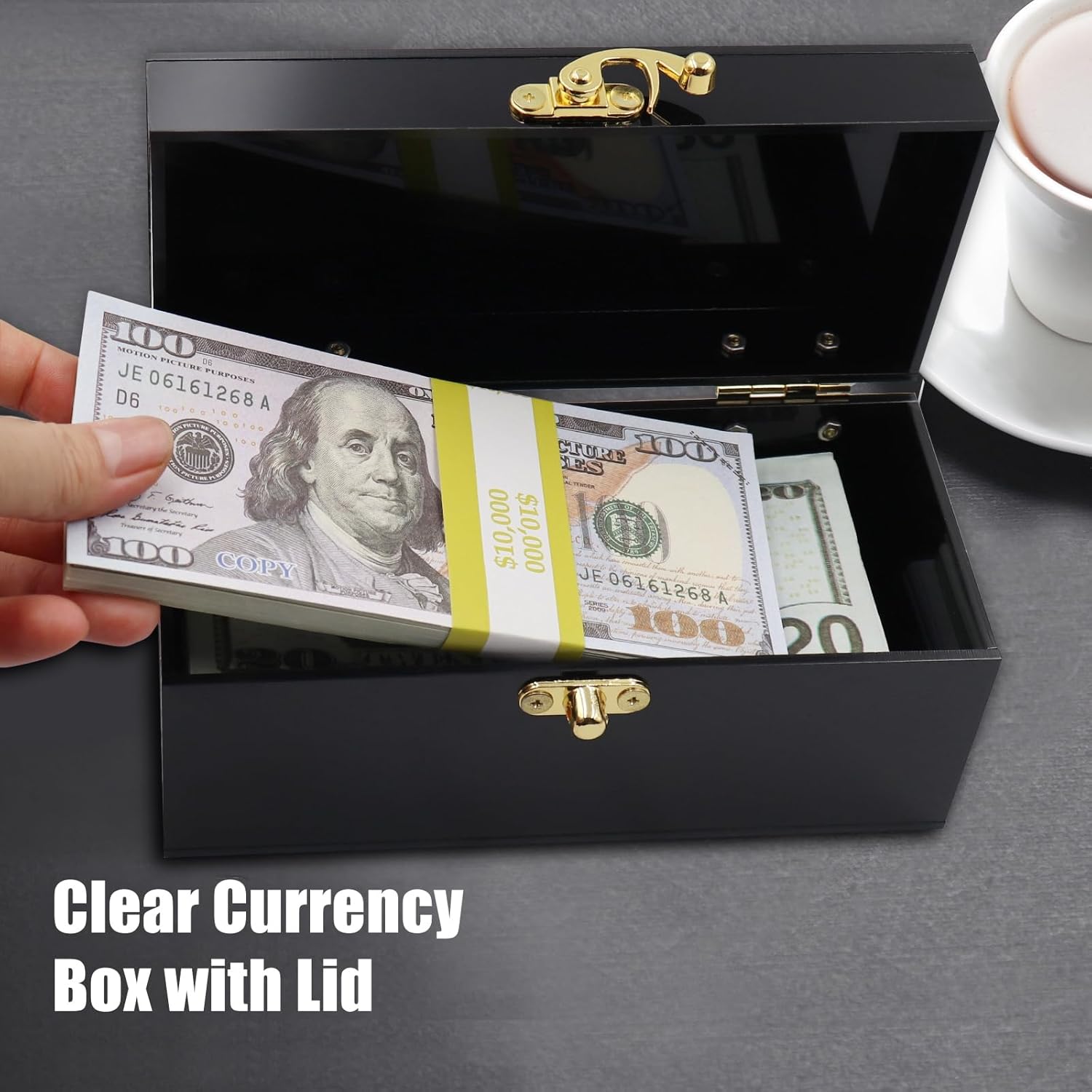Private Label Acrylic Lockable Cash Box with 30 Currency Wrappers, Acrylic Money Storage Box Holder Organizer for Cash, Single Currency Cash Tray Storage Box Holder Organizer for Money, Black Custom Mold Development