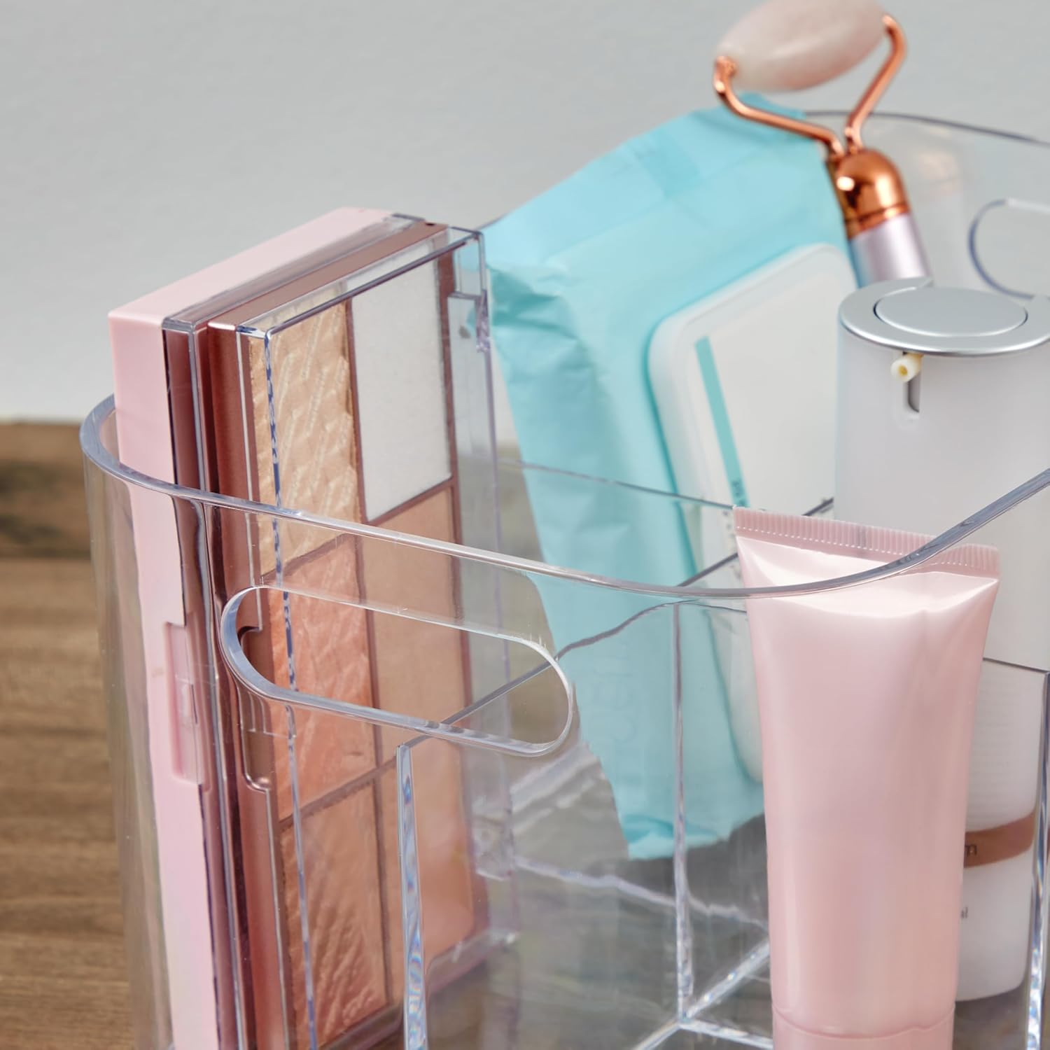 Private Label STORi Bliss 5-Compartment Plastic Cosmetics Storage Organizer | Clear | Rectangular Divided Makeup Bin & Vanity Caddy with Pass-Through Handles | Round Corner Design | Made in USA Factory Direct Price