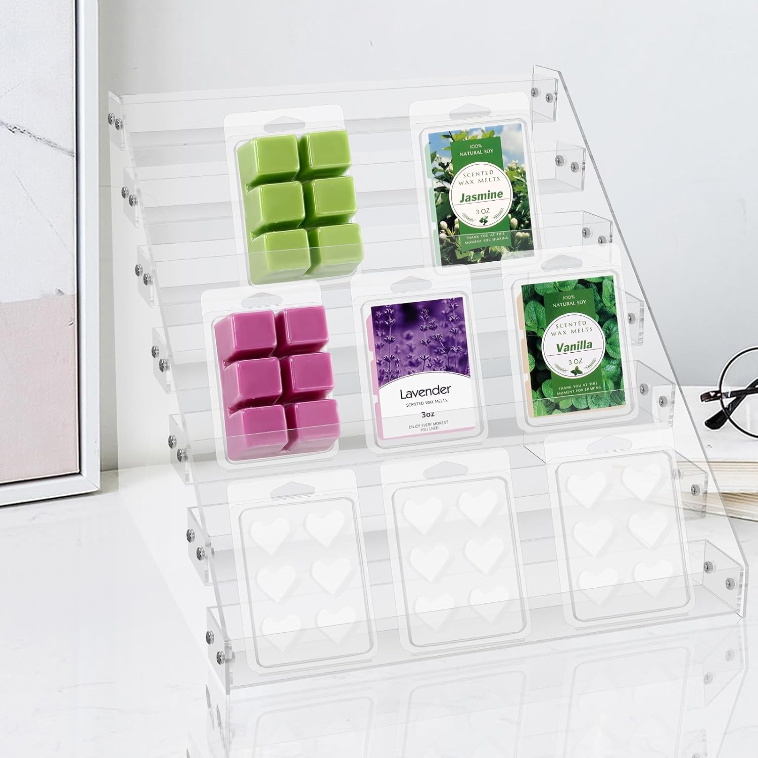ODM 12“ Wax Melt Holder Display 7 Tier Acrylic Riser Display Stands Wax Melts Storage Clear Acrylic Display Shelf For Wax Melt Clamshells Wax Melt Candles Wax Cubes Wax Tarts Wax Block（NO Wax Melts） Custom Logo Service