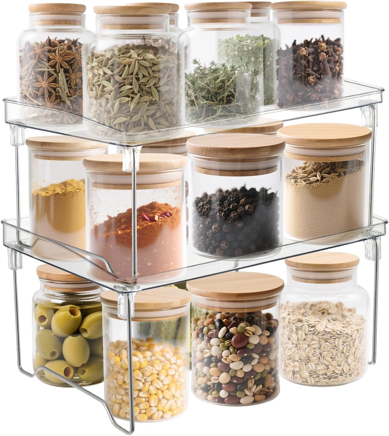 Private Label Rainmae 2 Pcs Spice Rack Organizer, Cabinet Organizer Shelf，Stackable Kitchen Counter Shelves, Countertop Organizers, Clear Plastic Storage Shelves Rack for Makeup Bathroom Desk Pantry Organization Dropshipping Friendly