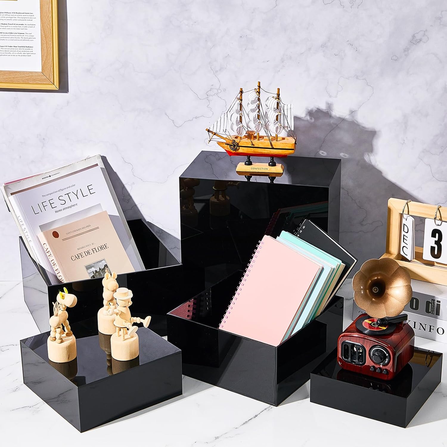Private Label Sintuff Buffet Risers 5 Pcs Acrylic Food Display Cube for Buffet Table Dessert Cake Jewelry Figures Show Decor Acrylic Cube Boxes Nesting Risers with Hollow Bottoms(Black,6/7/8/9/10inch) OEM Wholesale Manufacturer