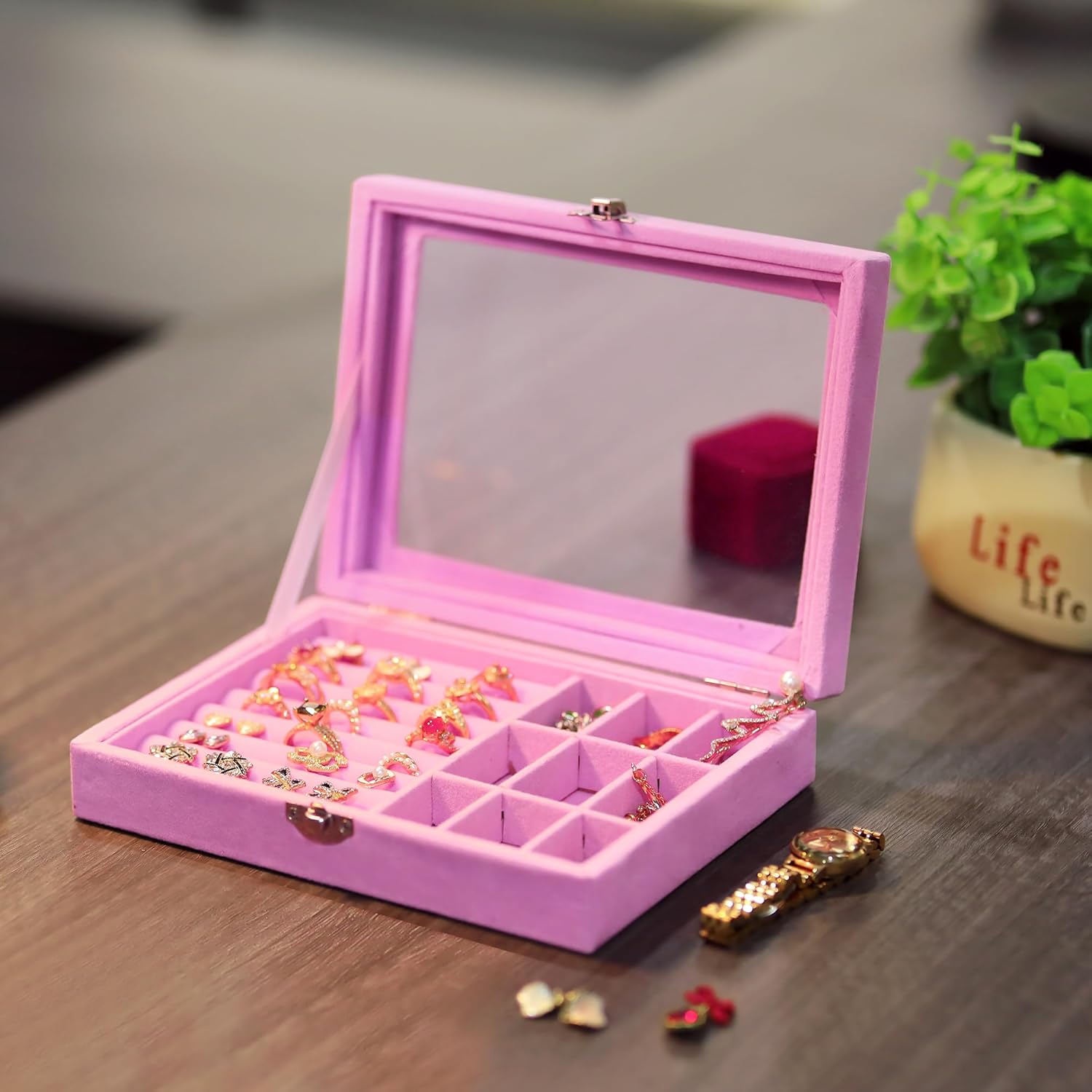 Direct Manufacturer habgp Velvet Jewelry Box Ring Holder for Women, Pink Earring Display Storage Showcase with Clear Lid, Rings Earrings Studs Holder Organizer Box Tray Case for Her Girls Mom Wife Women Low MOQ
