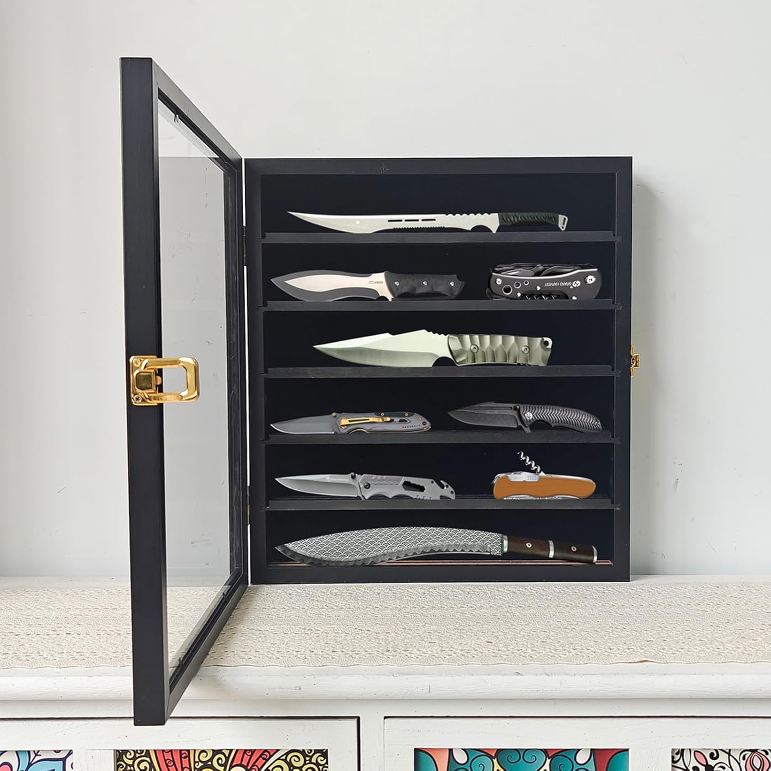 Private Label Military Folding Knife Shadow Box,Knife Display Case Pocket Knife Display Stand Acrylic Lockable Display Cabinet Wall Folding Knife Shadow Box with UV Protection for Military Knife Collection, Custom Mold Development
