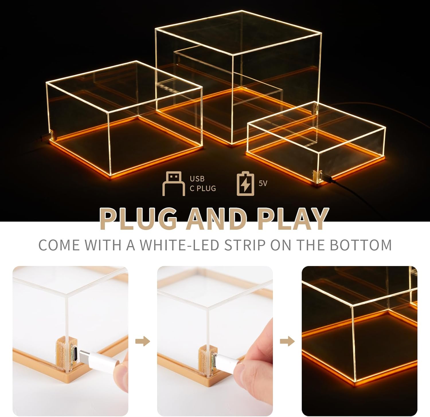 Private Label 3Pcs Acrylic Display Risers with LED light, Acrylic Cube Box Clear Display Stand with Hollow Bottoms for Figures Dessert Jewelry Perfume Handbag (Clear-3pcs) Ecommerce Ready Product