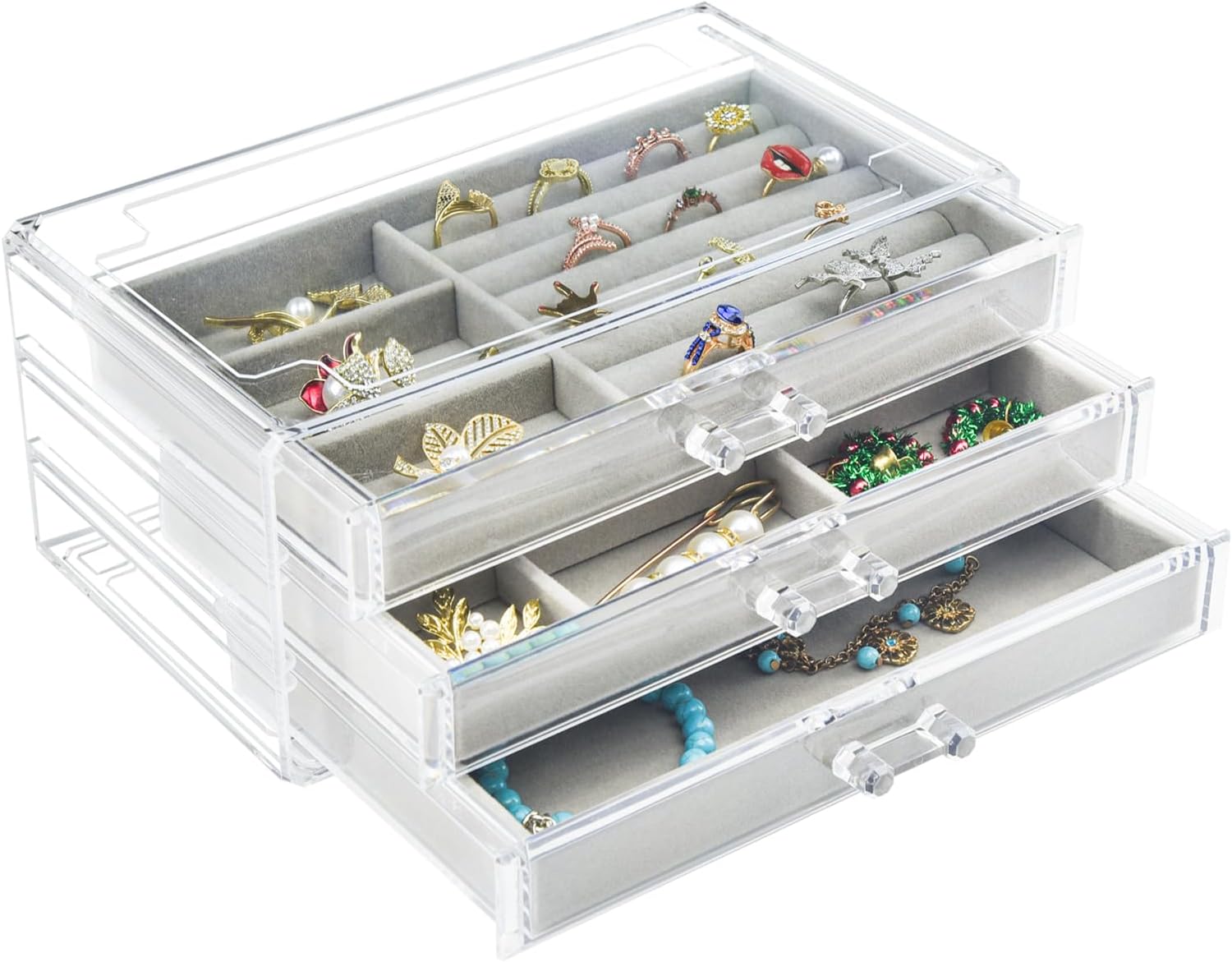 Acrylic Jewelry Box 3 Drawers, Velvet Jewellery Organizer, Earring Rings Necklaces Bracelets Display Case Gift for Women, Girls
