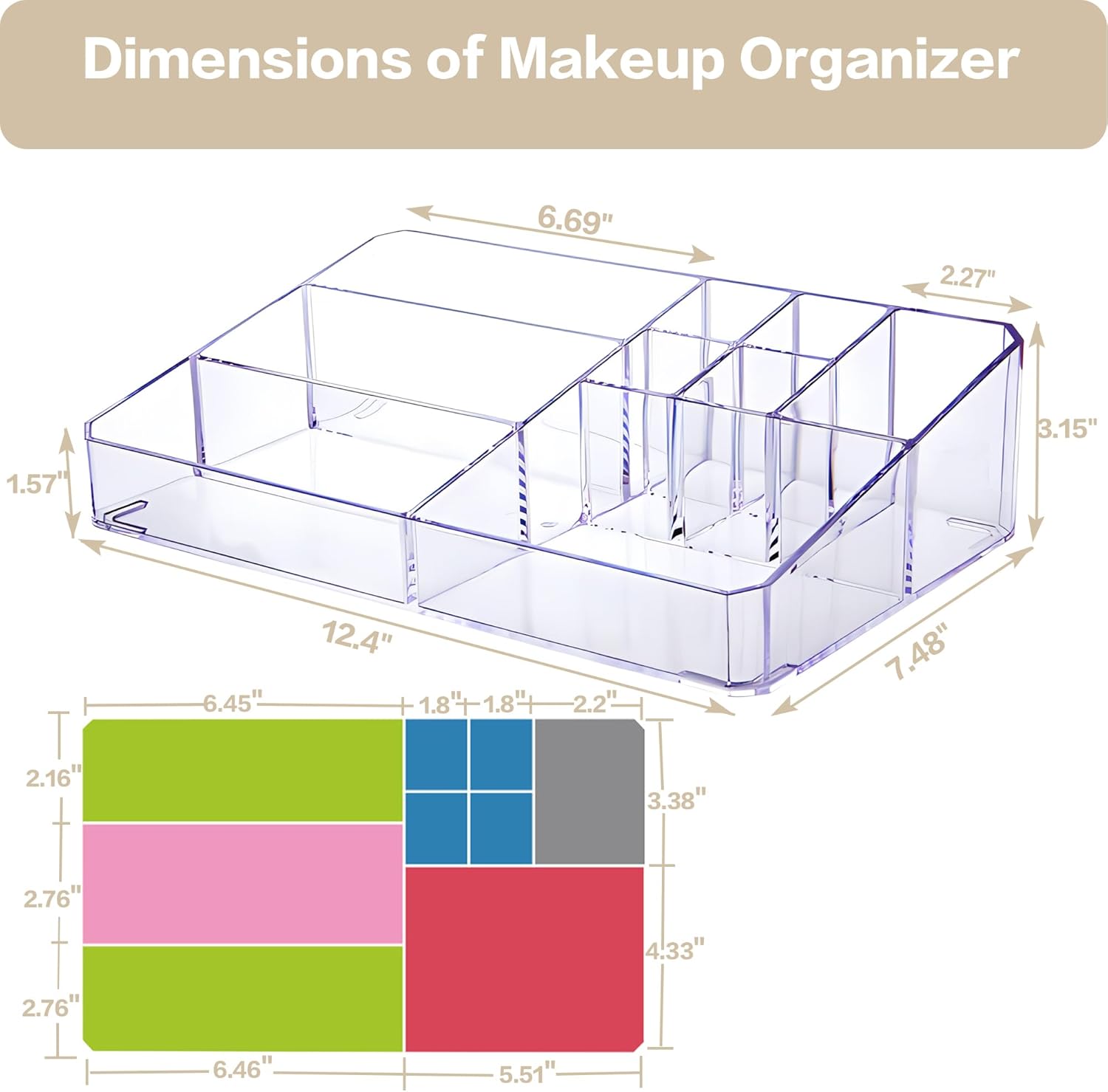 Private Label Clear Makeup Organizer, Makeup Brushes Storage Case, Cosmetic Display Case Tray, Tiered Skincare Organizer, Acrylic Lipstick Holder Countertop Desk Brush Organizer for Bedroom Vanity Custom Logo Service