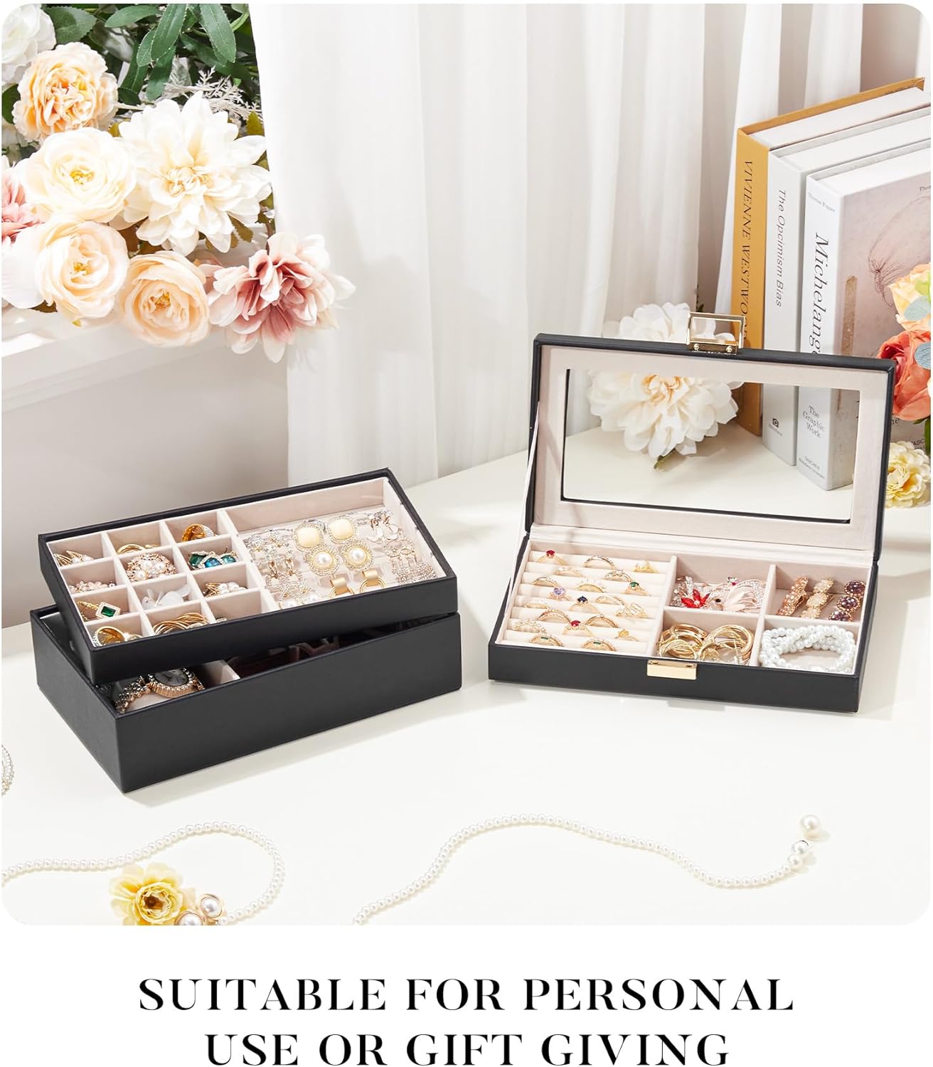 Direct Manufacturer Homde Jewelry Tray Stackable Jewelry Box with Glass Lid, Removable Dividers for Vanity Table Gift Idea for Girls and Women (Black) Low MOQ
