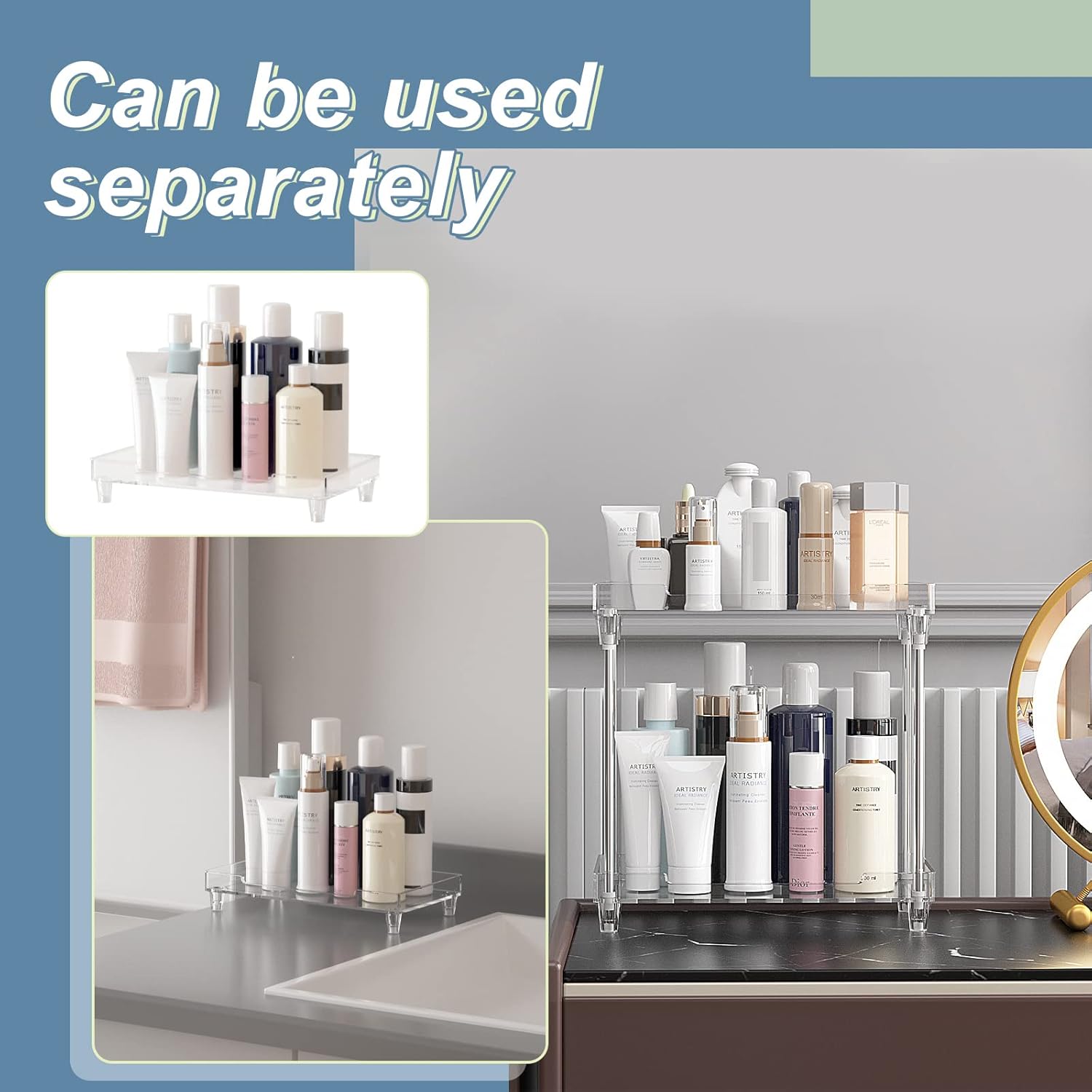 Private Label Bathroom Organizer Countertop for Makeup Cosmetic Perfume Skincare Bathroom Supplies and More, Multi-Functional Acrylic 2-Tier Vanity Tray Corner Shelf in Dresser and More Factory Direct Price