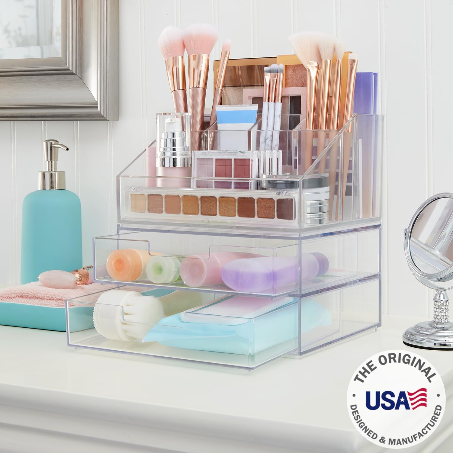 Private Label STORi Chloe Stackable Clear Makeup Brush Holder and Drawer Organizer Set, Organize Brushes, Cosmetics, and Beauty Supplies, Made in USA Factory Direct Price