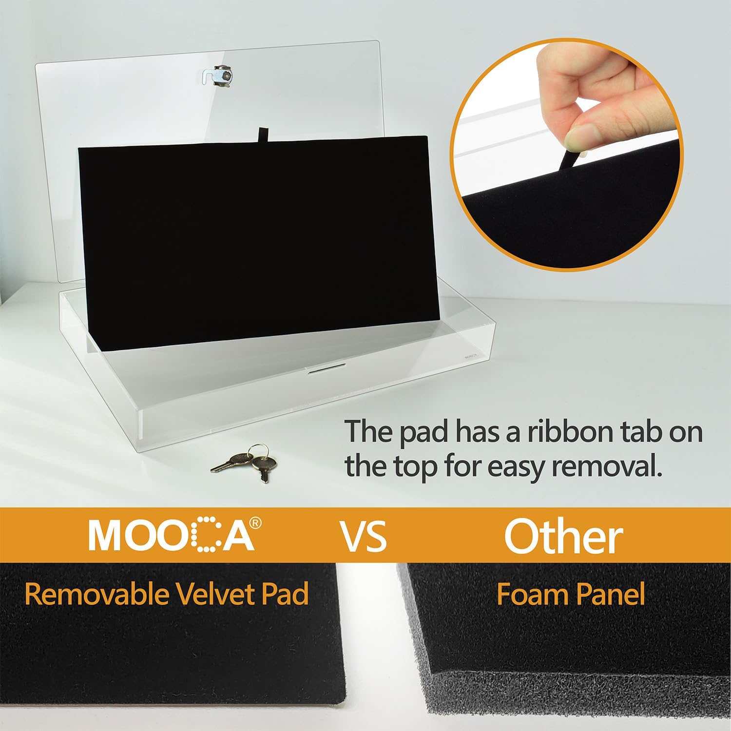 Private Label MOOCA Acrylic Rectangular Marketing Holder Locking Security Showcase Safe Box Display Tray, Perfect for Watches Jewelry, Knives, Eyewear with a Key and a Black Padding Custom Mold Development