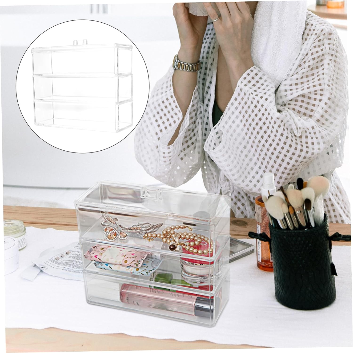 Private Label 1Pc Acrylic Makeup Storage Box Multi Function Desktop Organizer with Lid Durable Easy to Clean Sundries Holder for Cosmetics Skincare and Accessories Stylish Space Saving Custom Logo Service