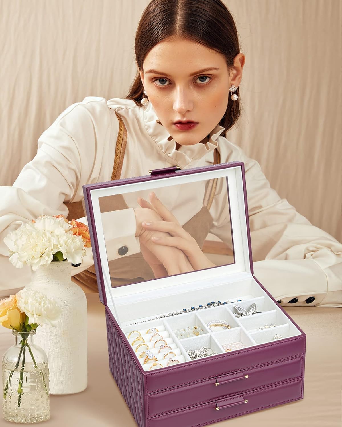 Direct Manufacturer Jewelry Organizer Jewelry Boxes for Women, Jewelry Box Clear Acrylic Lid 3-Tier with 2 Drawers, Gift for Women Storage Earring Necklace Watch Bracelet and Rings, Burgundy Red Low MOQ