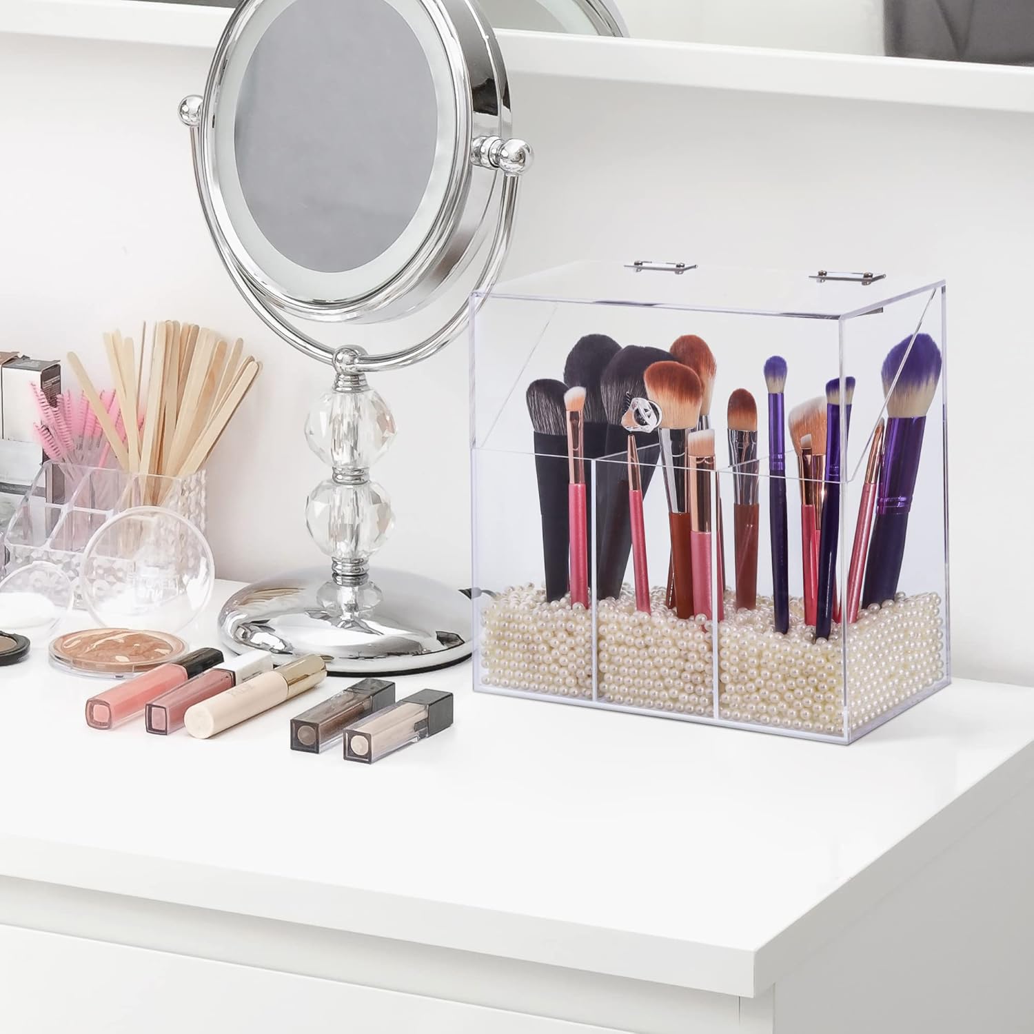 Private Label Acrylic Makeup Brush Holder with Lid - Clear Cosmetic Makeup Brush Organizer and Storage Box with Cover for Vanity - Large Capacity 3-Slots Container for Brushes (Clear) Custom Logo Service