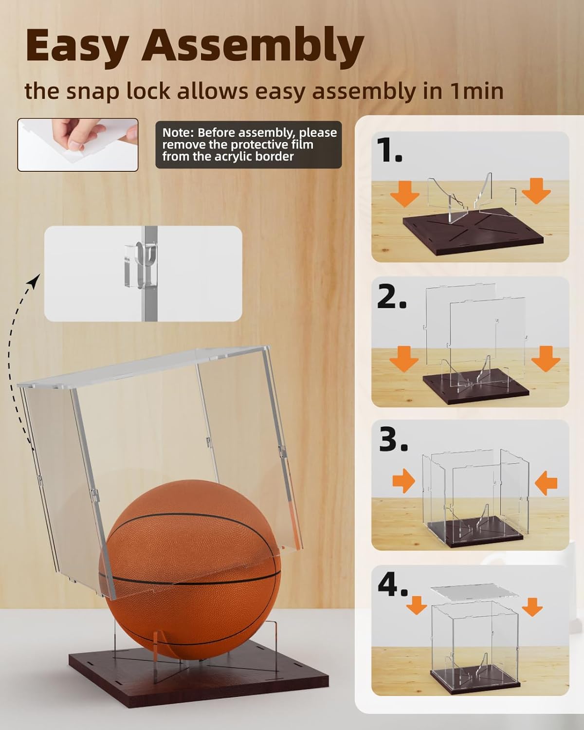 ODM Basketball Display Case Acrylic Clear, UV Protected Basketball Stand Box Full Size with Solid Wood Base, Soccer Display for Autographed Standard NBA WNBA Ball Memorabilia Keepsake, Ideal Gift Custom Logo Service