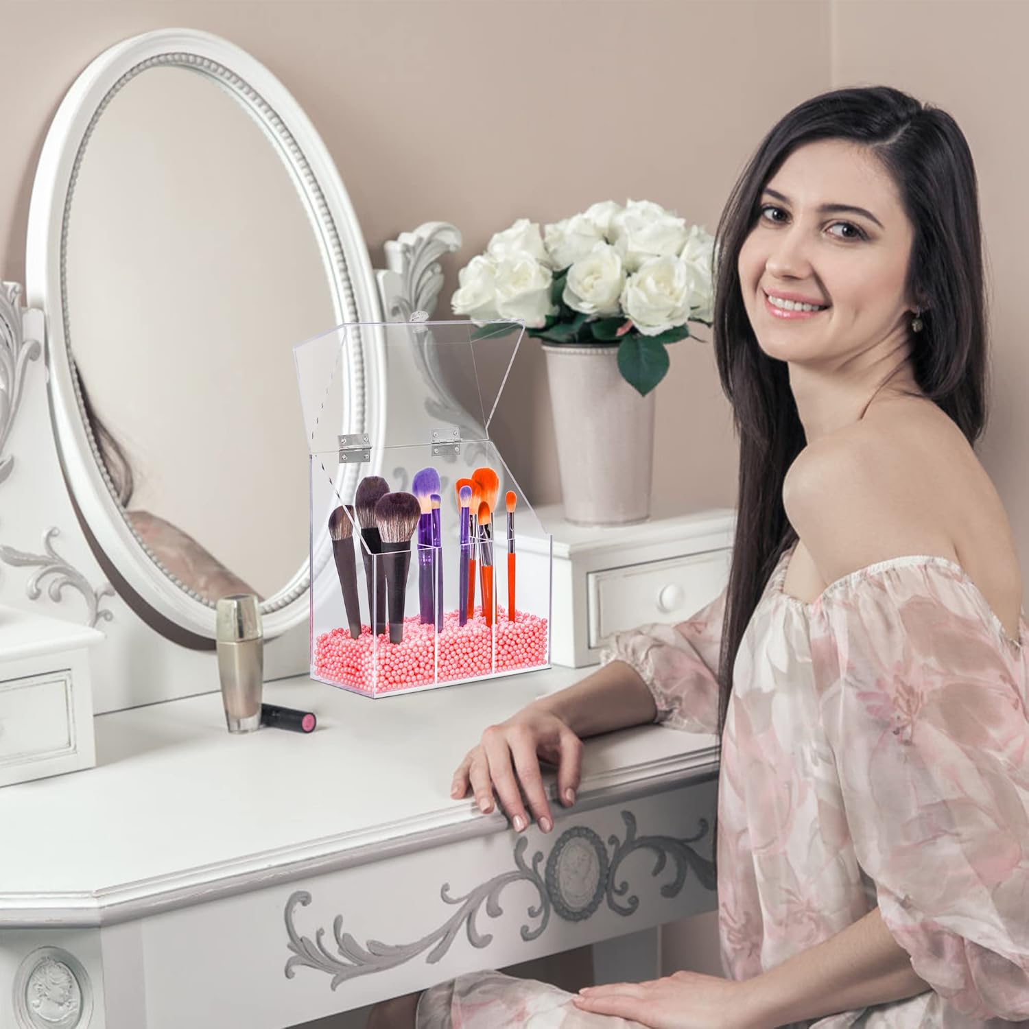 Private Label Acrylic Makeup Brush Holder with Lid - Clear Cosmetic Makeup Brush Organizer and Storage Box with Cover for Vanity - Large Capacity 3-Slots Container for Brushes (Clear) Custom Logo Service