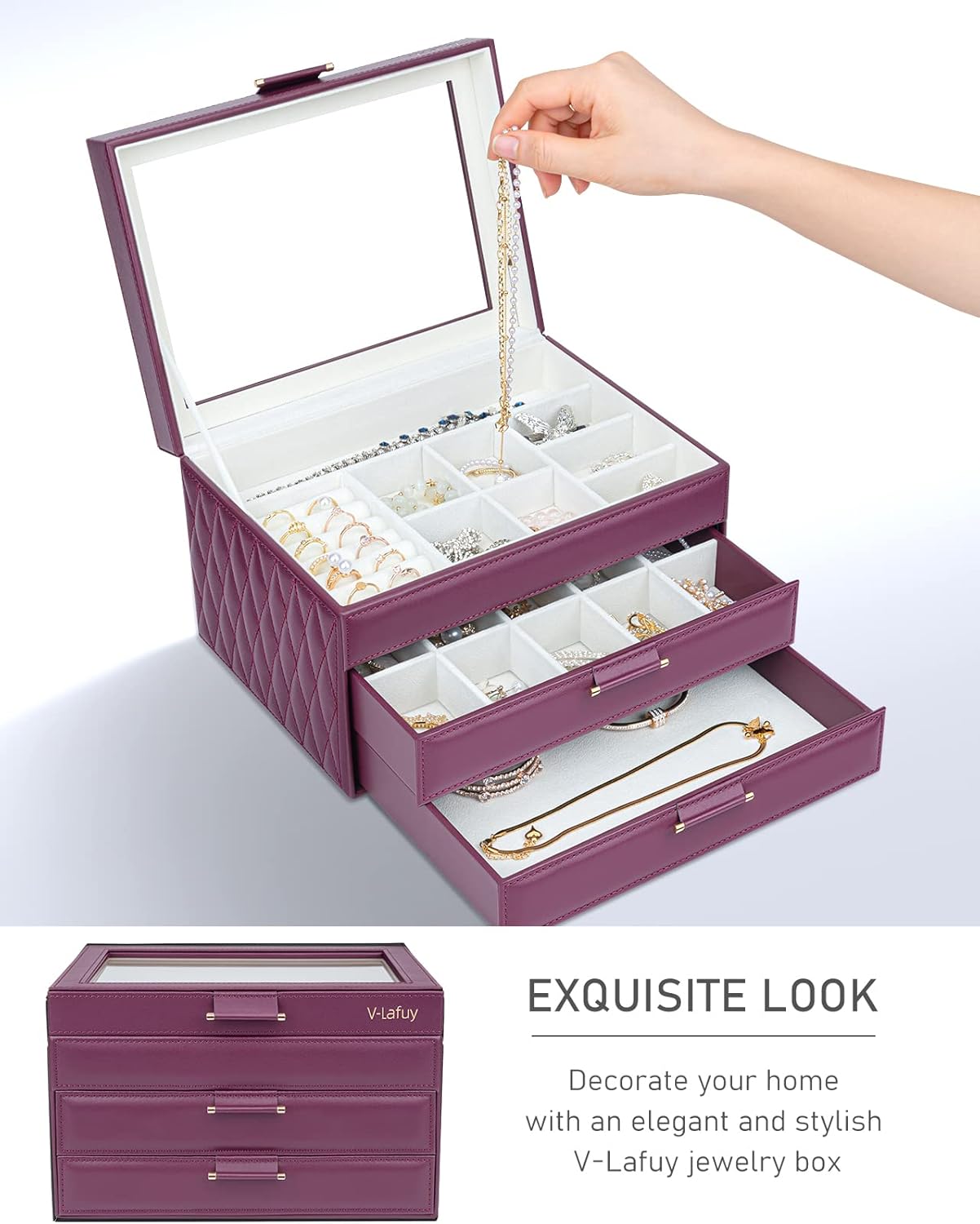 Direct Manufacturer Jewelry Organizer Jewelry Boxes for Women, Jewelry Box Clear Acrylic Lid 3-Tier with 2 Drawers, Gift for Women Storage Earring Necklace Watch Bracelet and Rings, Burgundy Red Low MOQ