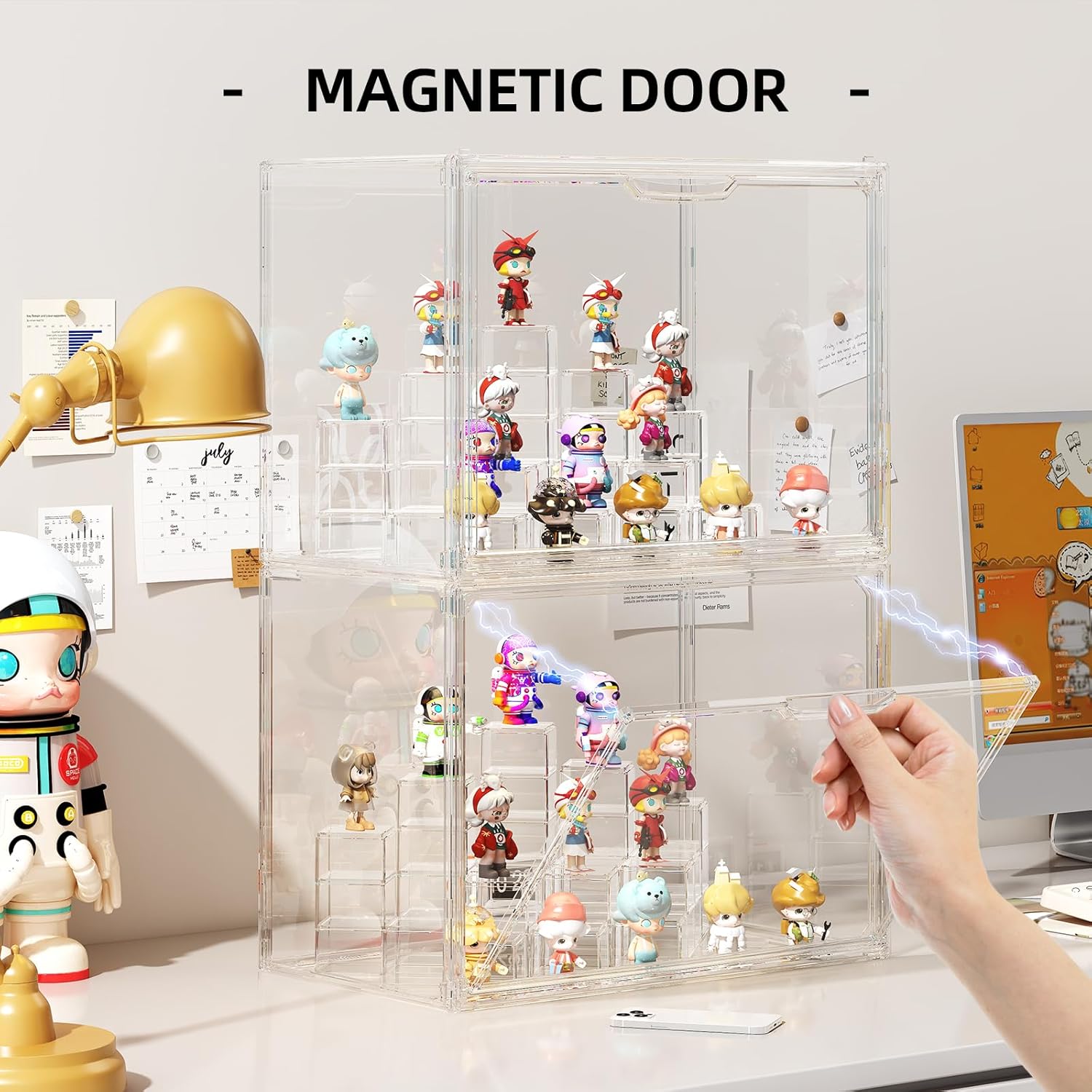 Wholesale OEM ODM JOYZAN Acrylic Display Case 2 Pack Display Boxes for Collectibles, Figure Display Case with Magnetic Door, Stackable Clear Box with Moveable Cylindrical Modules for Popmart, Funko, Doll Factory & Supplier