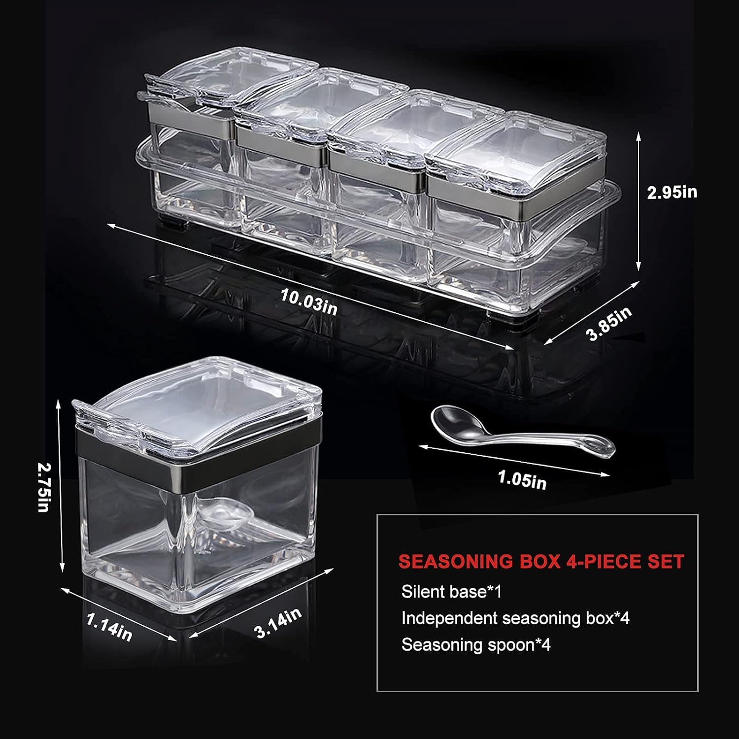 Private Label Acrylic Seasoning Box Set, 4 Piece Clear Premium Quality Storage Rack Spice Pots Condiment Jars for Salt Sugar Cruet Kitchen Organization Containers with Cover and Spoon Dropshipping Friendly