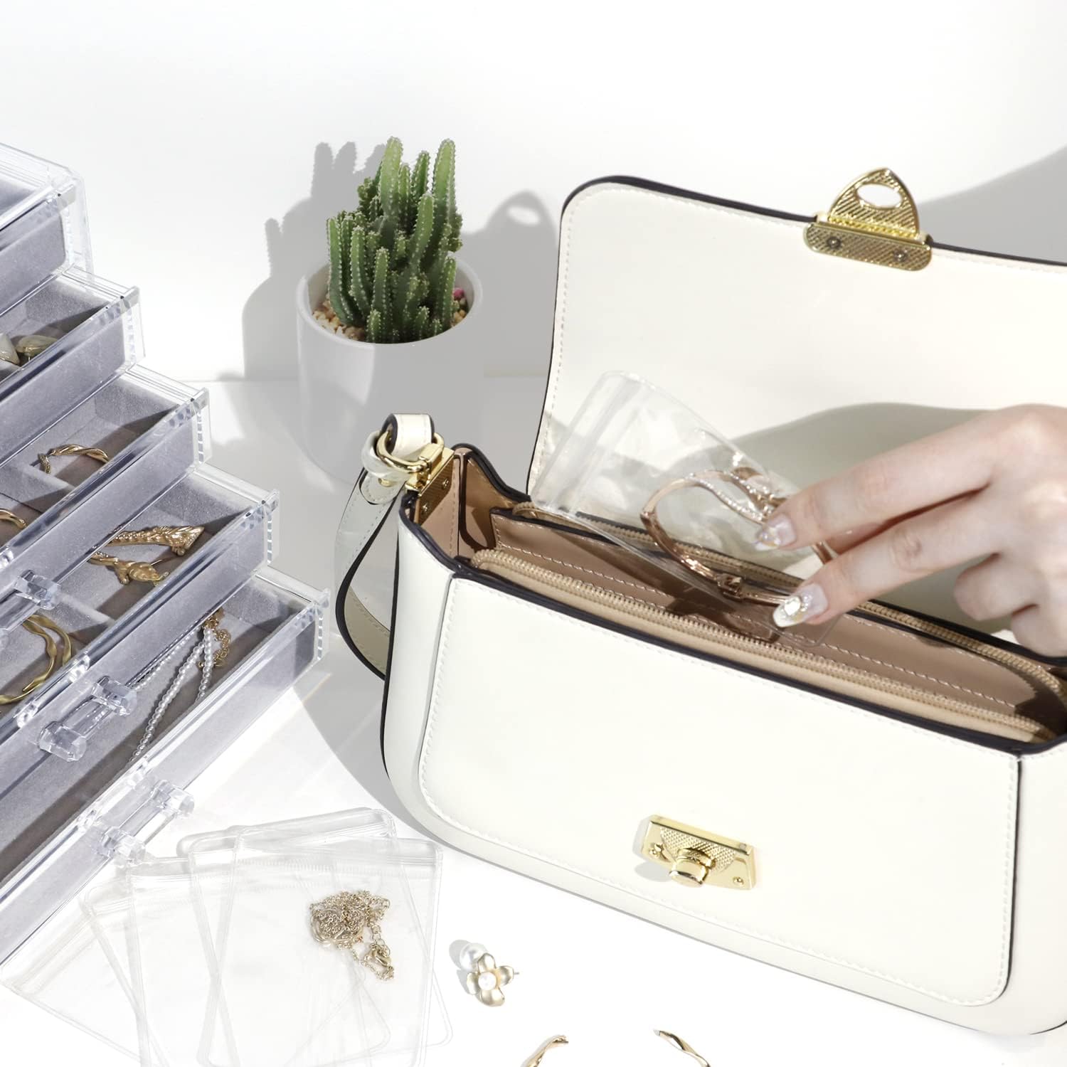 ODM KAMIER Earring Jewelry Organizer with 20 Pcs Portable Jewelry Bag, Clear Acrylic Jewelry Organizer Box for Women with 5 Drawers for Earrings Ring Bracelet Necklace Custom Mold Development