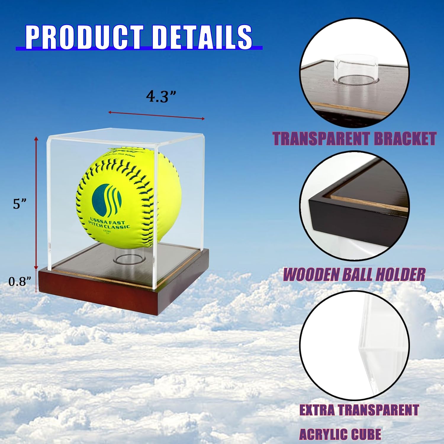 ODM Softball Display Case,Clear Acrylic Ball Display Holder for 12 inch Softball,UV Protected Cube with Wood Base Stand for Tennis Ball Baseball Golf Ball,Championship Sport Collection Box Showcase Custom Logo Service