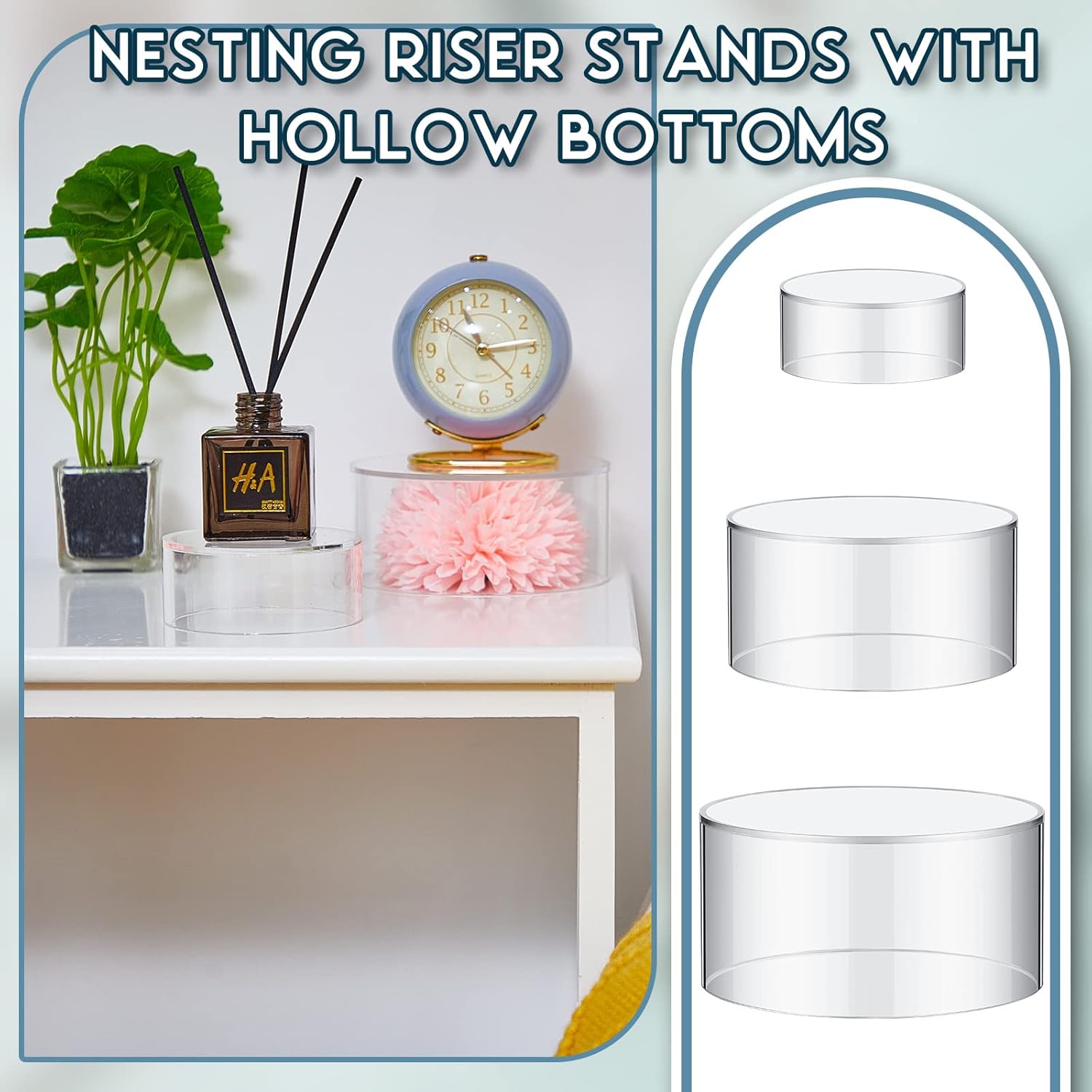 Private Label Jerify 6 Pcs Acrylic Risers Display Stands, 5.91'' 5.12'' 3.54'', Clear Round Nesting Pedestal Shelf with Hollow Bottom for Tabletop Jewelry Display, 3 Sized OEM Wholesale Manufacturer