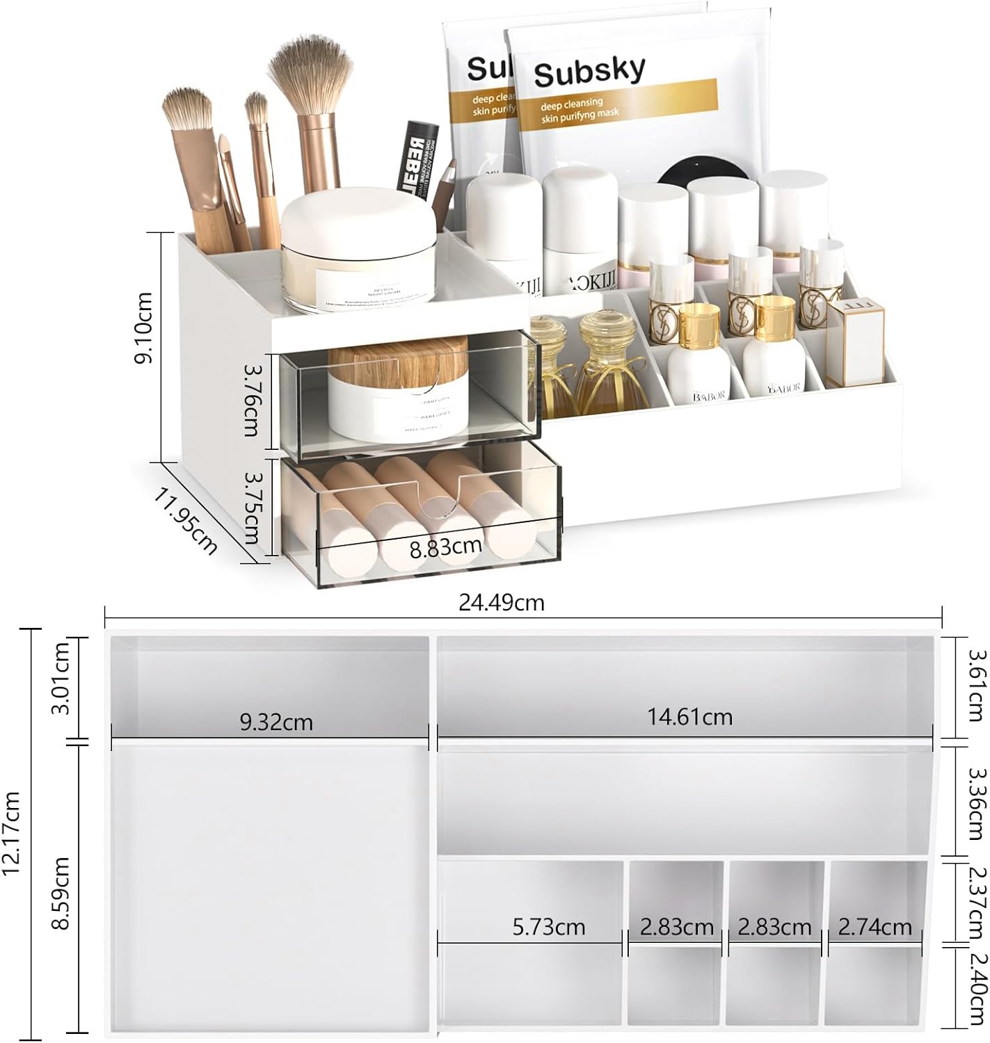 Private Label Subsky Makeup Organizer with Drawers, Easy Storage for Beauty Products Brushes, Multifunction Plastic Desk Organizer, Cosmetics Organizer for Countertop Dresser Vanity and Bathroom (White) Factory Direct Price