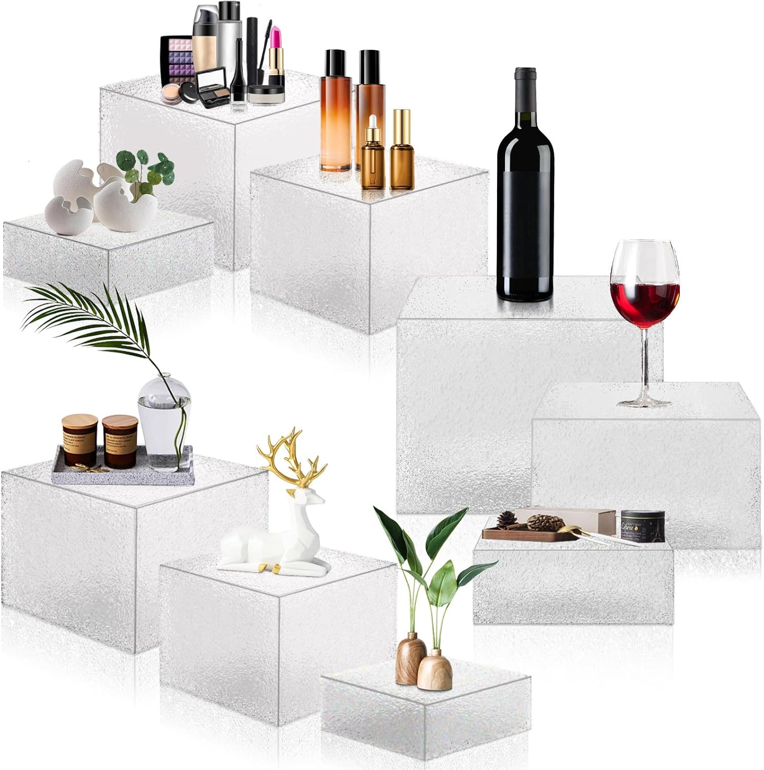 Suzile 9 Pcs Food Risers Buffet Risers Acrylic Display Box Cube 5 Sided Clear Display Riser with Hollow Bottoms for Party, 8 x 8 x 6 Inch, 7 x 7 x 4 Inch, 6 x 6 x 2 Inch (Crushed Ice Pattern)