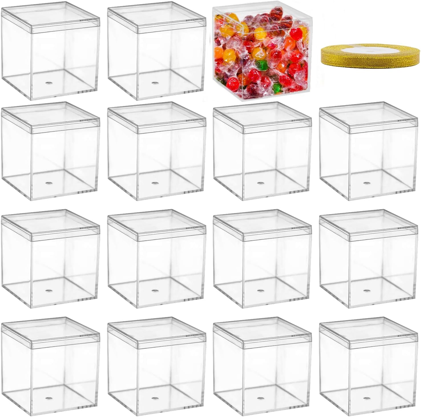 Clear Plastic Square Cube,15 Pack Small Plastic Storage Box With Lid Transparent Clear Square Containers Display Boxes Gift Box With Glitter Ribbon,Storage Box with Lid for Candy(Clear, 2.6 x 2.6 IN)