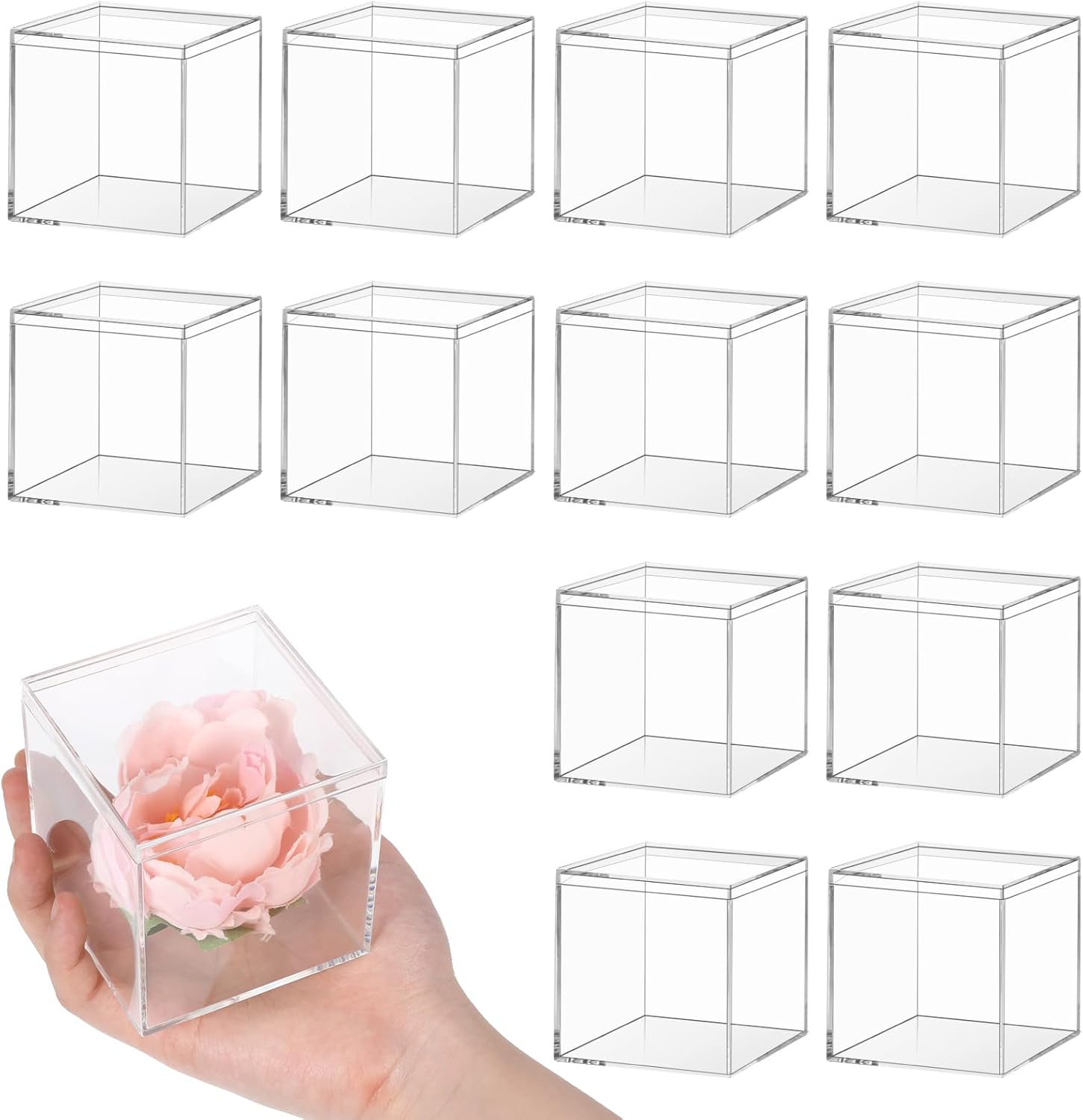 12 Pcs Clear Acrylic Box with Lid Decorative Plastic Display Box Acrylic Gift Box Tiny Square Box Clear Storage Containers for Home Candy Treats Jewelry Display 3 x 3 x 3 Inch