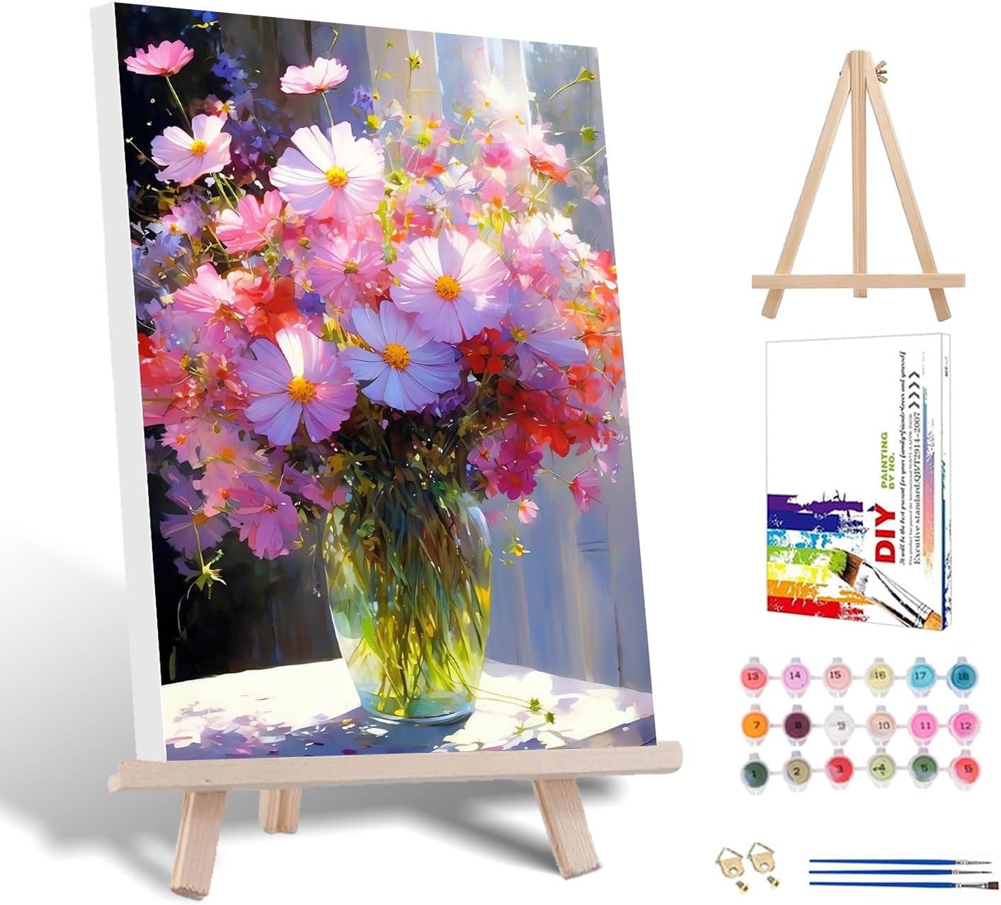 HITIRECOVI Flowers Paint by Number Framed,Paint by Numbers with Frame-with Wooden Easel,DIY Acrylic Painting by Numbers in Colorful Gifts Box for Wall Decor 12x16inch