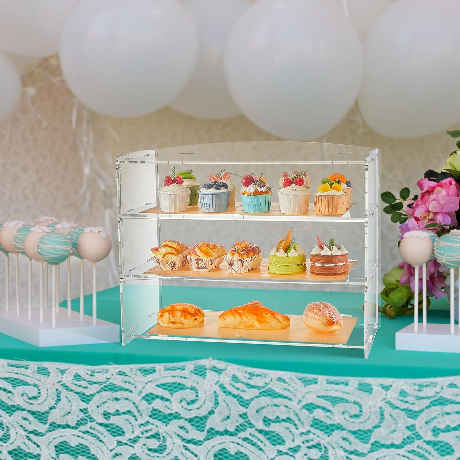 Wholesale OEM ODM 3 Tier Bakery Pastry Display Case,Clear Acrylic Display Case,Commercial Countertop Cabinet with Chalkboard and Brown Paper for Bread Cookie Cupcake Party Event Stores Factory & Supplier