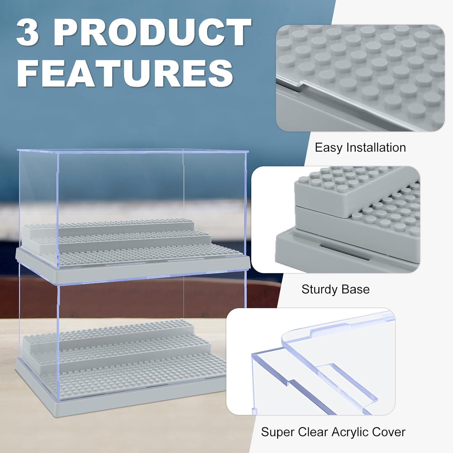 ODM 4 Pack Display Case for Minifigure Action Figures Blocks, Acrylic Minifigure Display Case Box Storage with 3 Movable Steps Gift for Kids Adults (Grey) Custom Mold Development