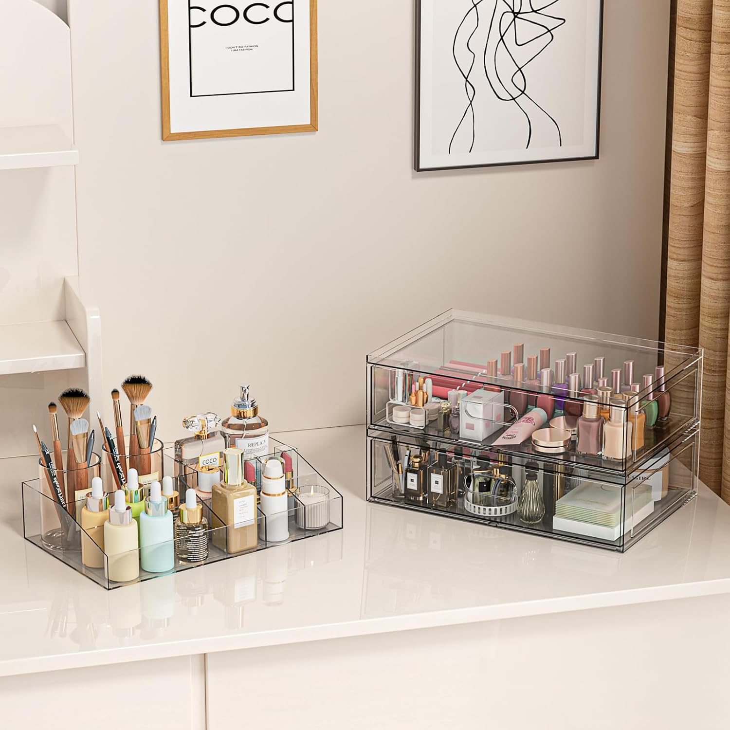 Private Label Clear Stackable Makeup Organizer with Drawer, 12''W Acrylic Storage Drawers, Cosmetic Display Case for Vanity Bathroom Countertop, Beauty Holder for Lipstick Brush Skincare Perfume Factory Direct Price