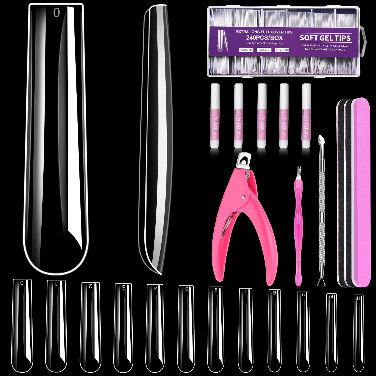 MORGLES Extra Long Tapered Square Nail Tips, 240 Pcs 3XL Full Cover Fake Tips Clear Nail Kit with Glue, Clipper, Files and Cuticle Fork for Acrylic Home DIY with Box