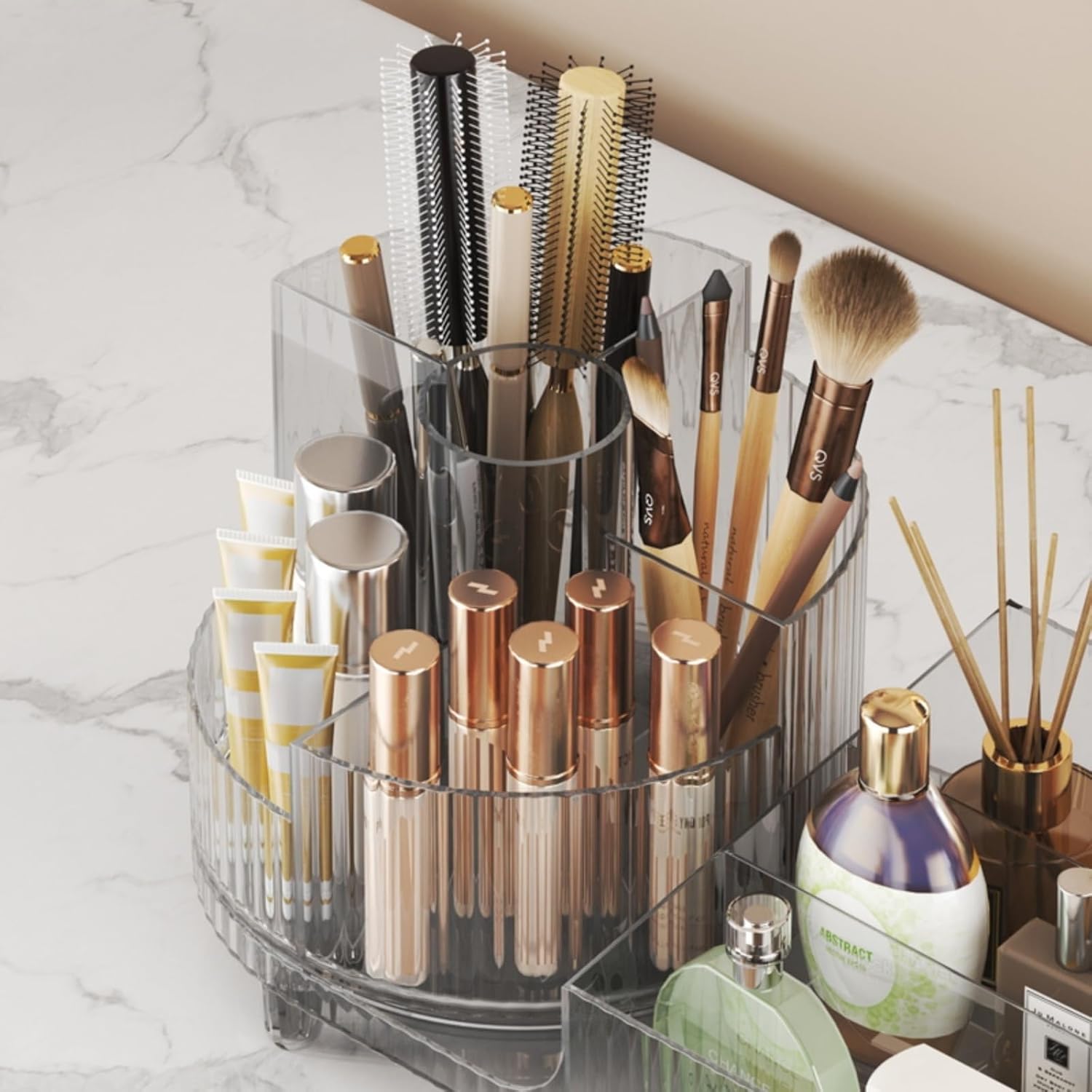 Private Label Rotating makeup organizer,Large Capacity Cosmetic Display Case, easy to hold all of your makeup products, at least 20 makeup brushes/eyeliner,10 lipsticks,8 skincare products(Crystal Clear) Factory Direct Price