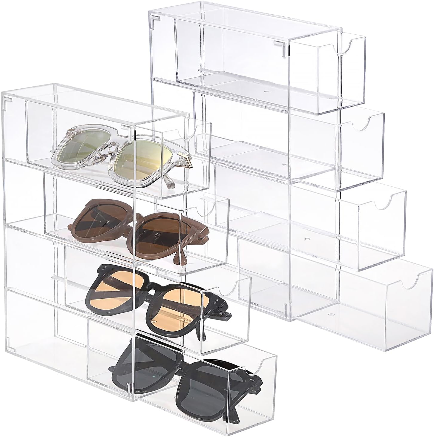 Hipiwe Acrylic Sunglasses Organizer, 2 Pack Glasses Case Multiple Pairs Eyeglass Storage Organizer Sunglass Display Case with 4 Drawer Acrylic Storage Drawers for Jewelry Watch