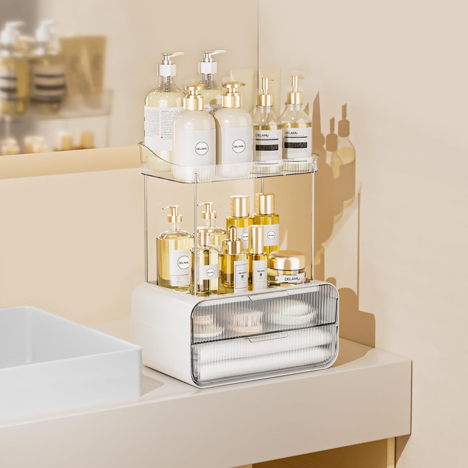 Private Label Delamu Bathroom Counter Organizer 2-Drawers 2-Tier Acrylic Makeup Organizer for Vanity Countertop, Skincare Perfume Storage, Easy Assembly, Ideal Gift for Women, Bath Linen Sets, Clear Factory Direct Price