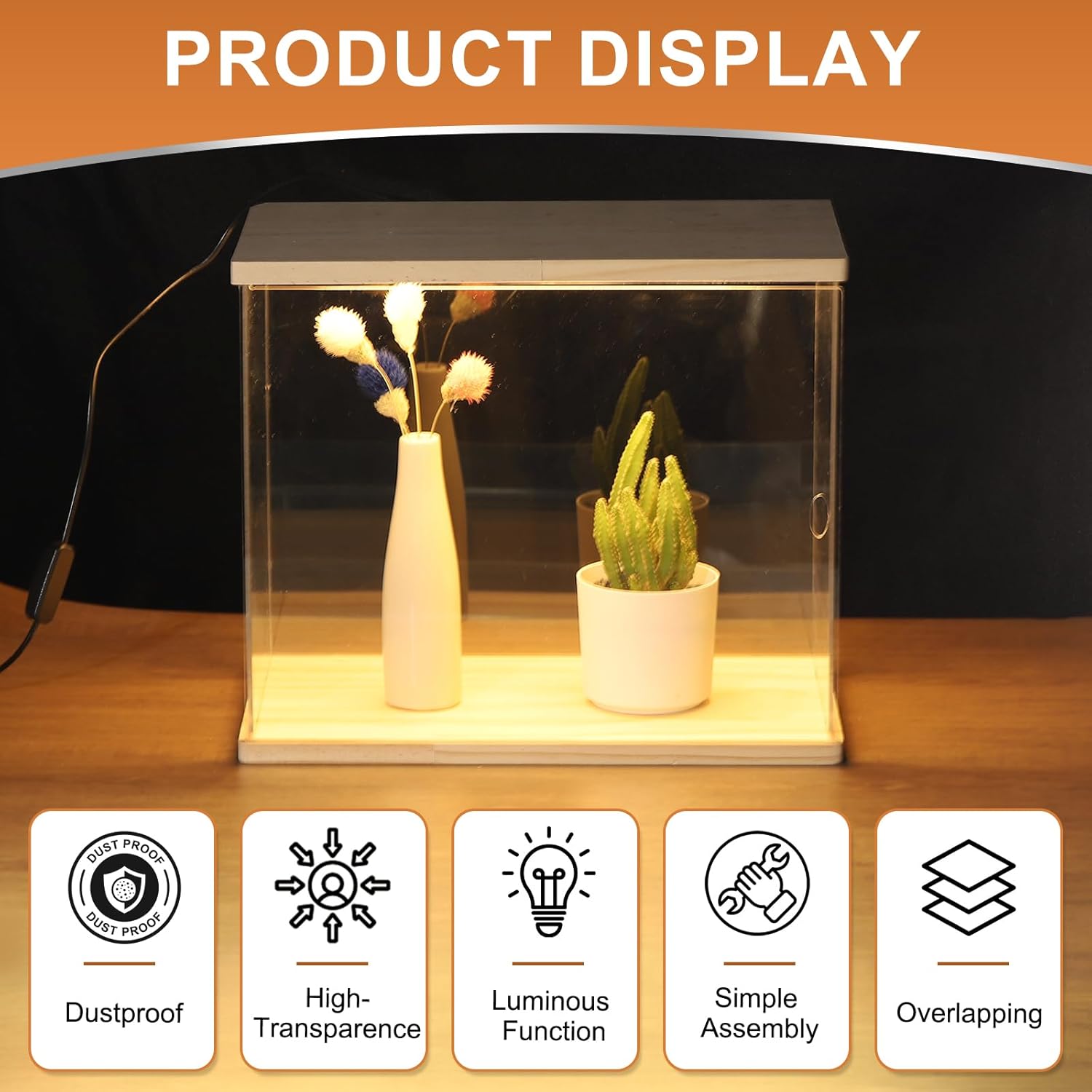 Private Label MECCANIXITY Clear Display Case, Acrylic Figure Display Case Clear Display Boxes for Collectibles, Figures Model Toys Home Storage(with Line LED Light, 10x10x15 Inch Wood Base) Ecommerce Ready Product