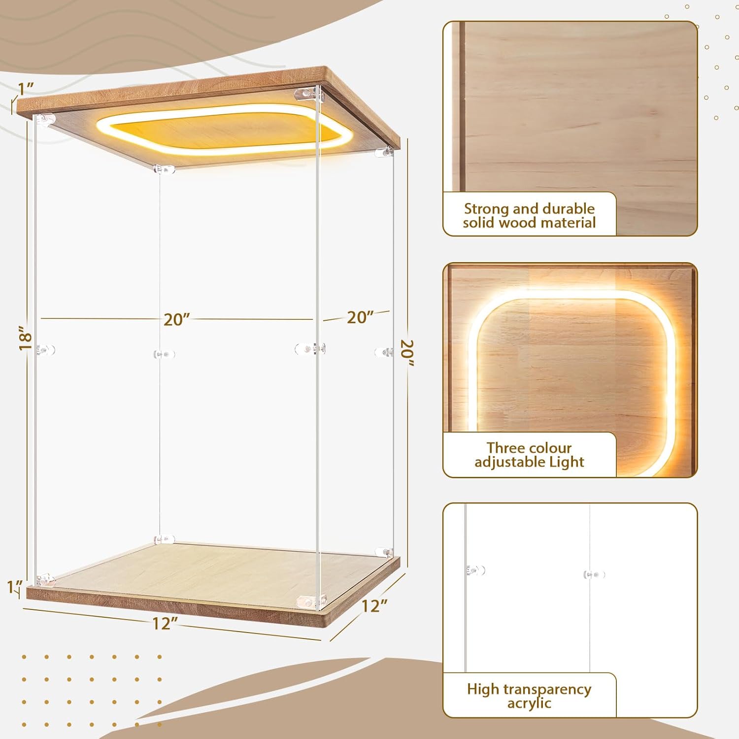 ODM Large Clear Acrylic Display Case with Light 20"x 12"x 12" Assemble Cube Display Box Stand for Trophy Collectibles Dust Proof Protection Showcase for Action Figures Doll Custom Logo Service