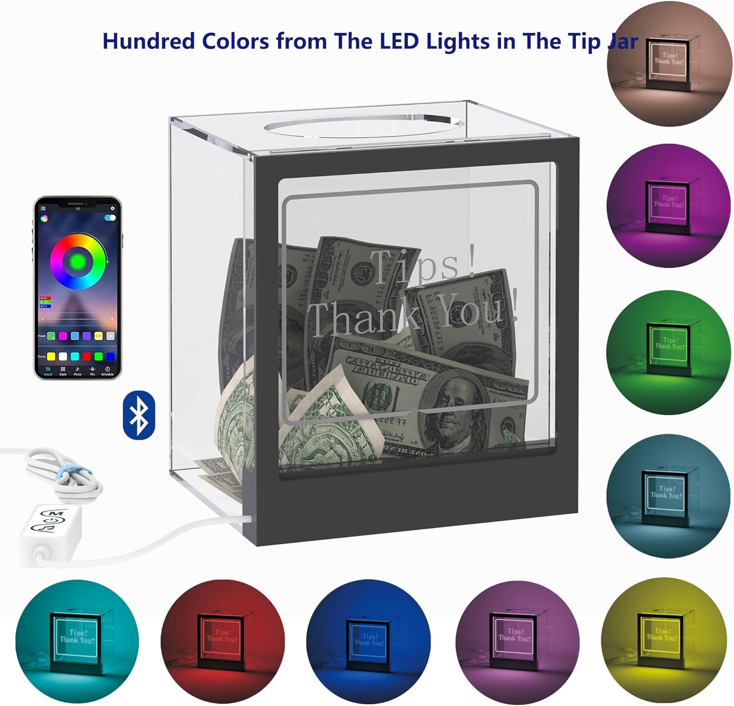 Private Label Lighted Up Tip Jar with Large Opening, Suggestion Box for Tip Collection & Donation, Hundreds Changing Colors LED Lights Tip Box with Customizable Message Sign for Money, Voting and Ballot Ecommerce Ready Product