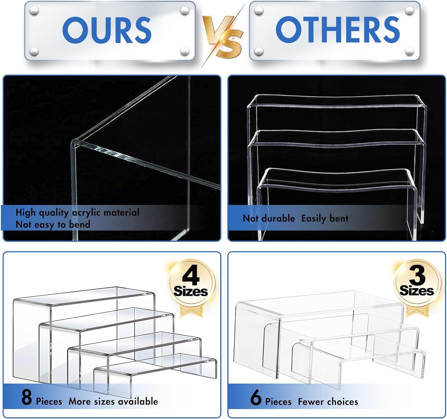 Private Label Aheroi Large Acrylic Risers, 8 Pcs 2 Set(7”L~8”L~9”L) Acrylic Display Set Rectangular Stands Shelf Clear Display Risers for Decor, Cake Shelves Retail Shoe Showcase OEM Wholesale Manufacturer