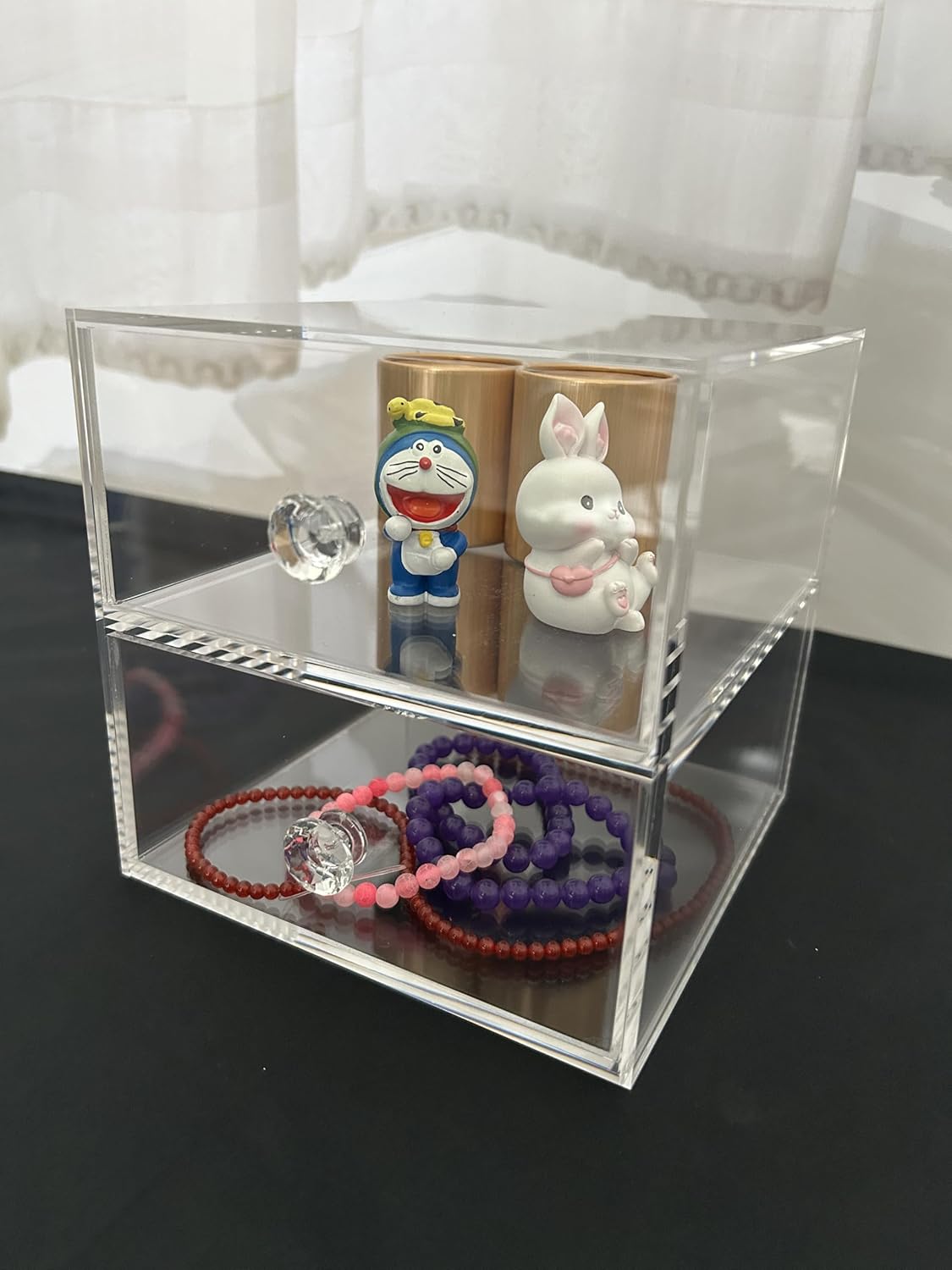 Private Label Acrylic Jewelry Box Clear Jewellery Storage Drawer Transparent Cosmetic Display Stand Holder Home Organizer Tray for Earring Necklace Rings Bracelet Makeup (2 drawer) Custom Logo Service